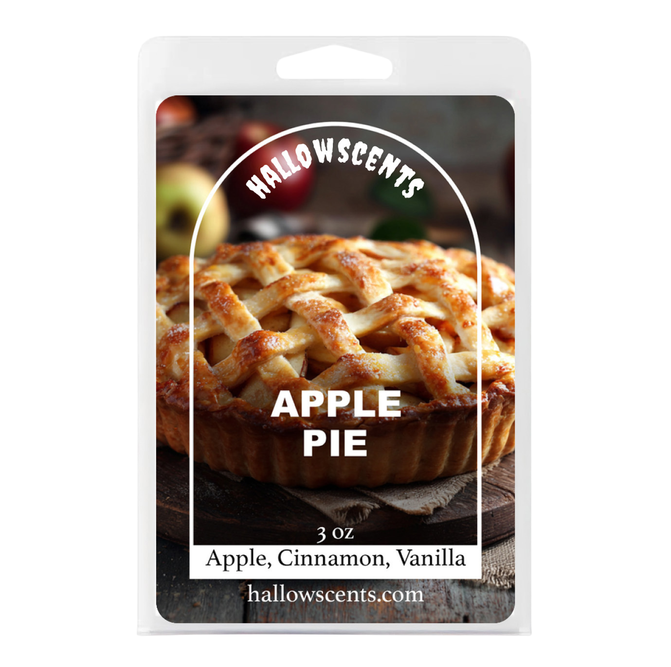 Hallowscents Apple Pie wax melt package with an image of an apple pie on a white background. 
Horror Wax Bars. Horror Candles. Spooky Wax Bars. Horror Candles. Horror Bath and Body. Spooky bath and body. 