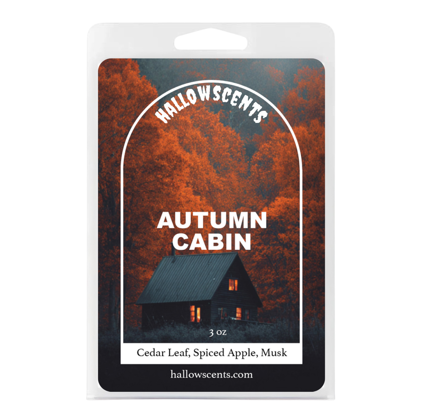 Hallowscents Autumn Cabin candle packaging with a cabin in the woods design.
Horror Wax Bars. Horror Candles. Spooky Wax Bars. Horror Candles. Horror Bath and Body. Spooky bath and body. 