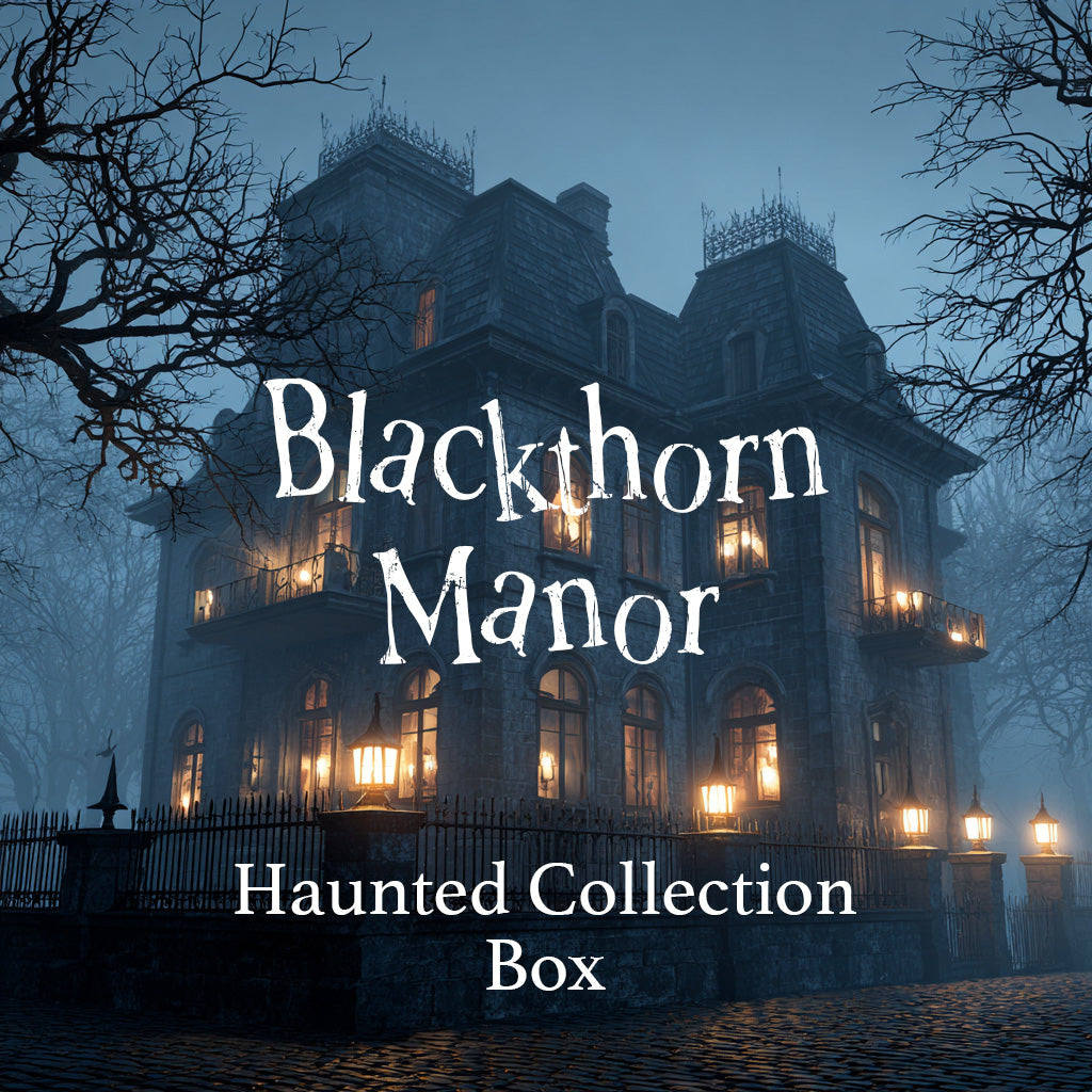 Haunted mansion with 'Blackthorn Manor' and 'Haunted Collection Box' text
Horror Wax Bars. Horror Candles. Spooky Wax Bars. Horror Candles. Horror Bath and Body. Spooky bath and body. 