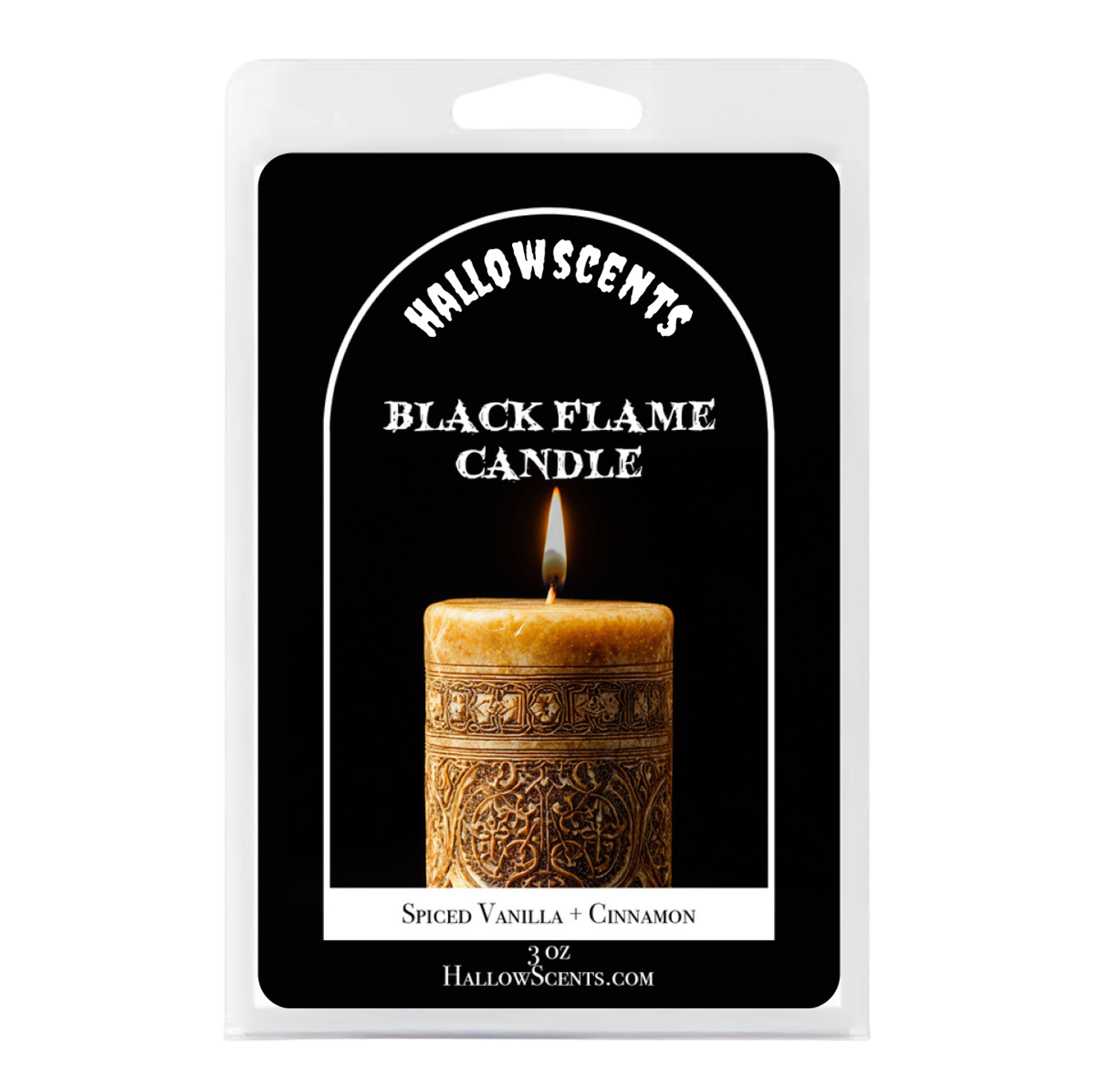Hallowscents Black Flame Candle packaging with a candle image on a black background.

HORROR WAX BARS. HORROR CANDLES. SPOOKY WAX BARS. SPOOKY CANDLES. HORROR BATH AND BODY
