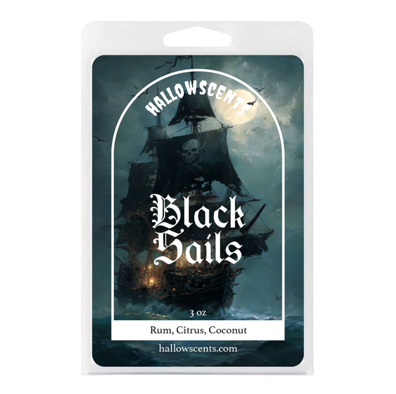 Hallowscens 'Black Sails' product packaging with a ship and moonlit sea design.
Horror Wax Bars. Horror Candles. Spooky Wax Bars. Horror Candles. Horror Bath and Body. Spooky bath and body. 