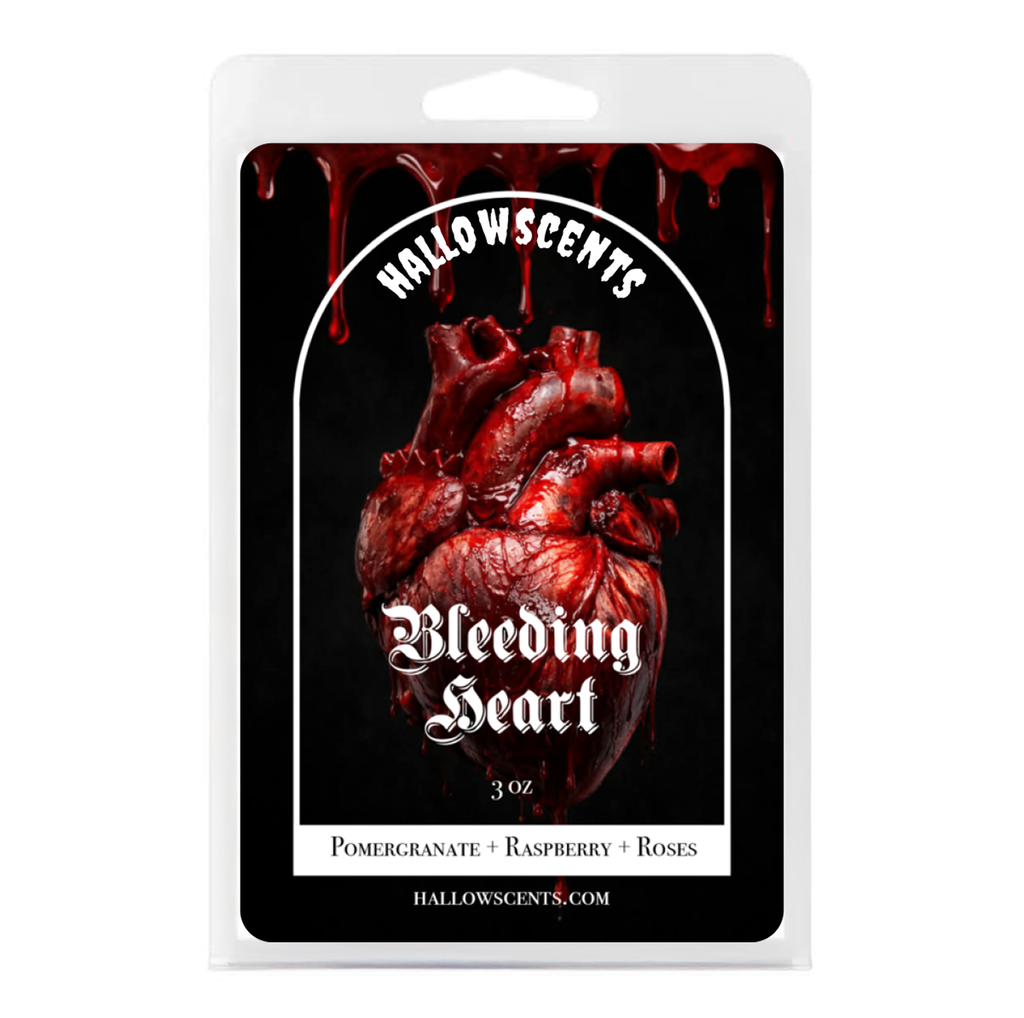 Packaging of Hallowscents Bleeding Heart wax bar with a heart design and dark background. Horror Themed Wax Bars