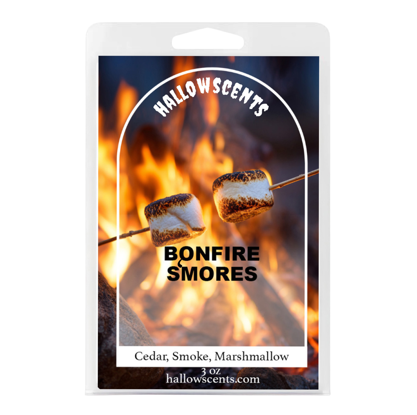 Hallowscents Bonfire S'mores wax melt package with marshmallows over a campfire background.
Horror Wax Bars. Horror Candles. Spooky Wax Bars. Horror Candles. Horror Bath and Body. Spooky bath and body. 