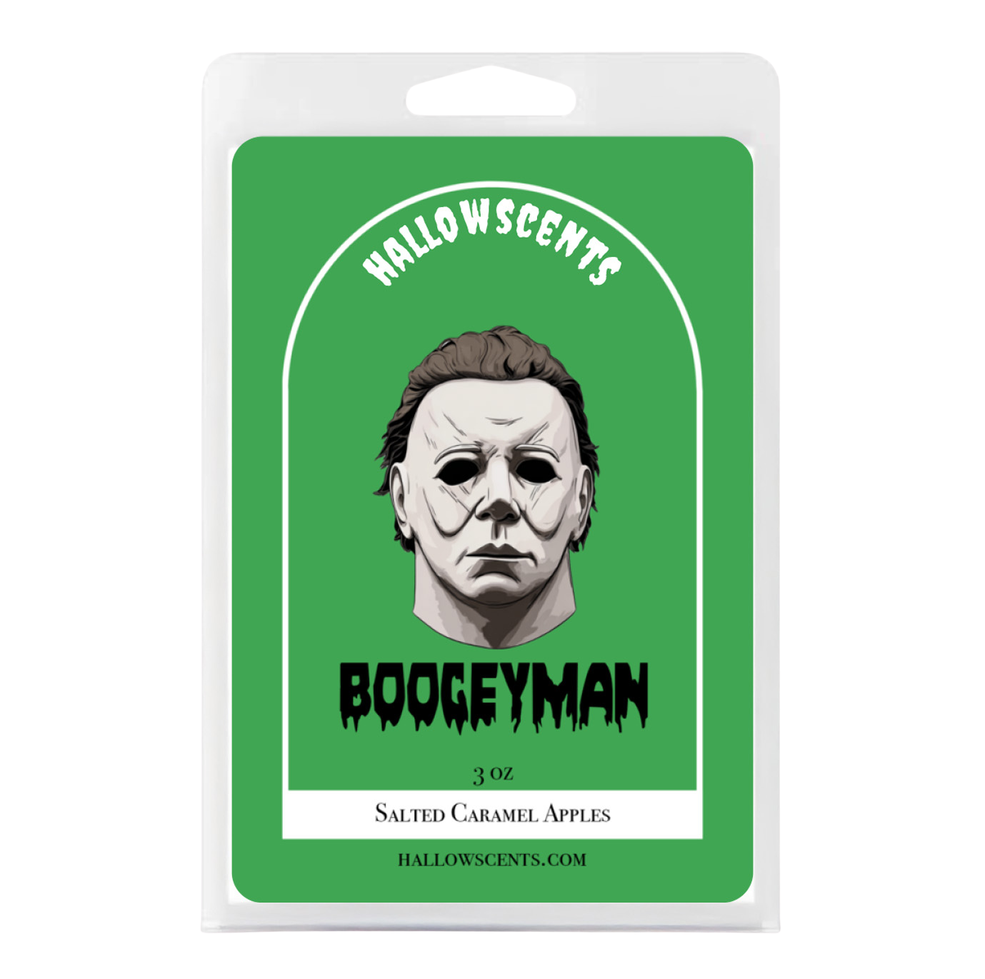 Hallowscents Boogeyman packaging with a green background and white border. Horror Wax Bars. Spooky Wax Bars. Horror Bath and Body. Spooky Bath and Body. 