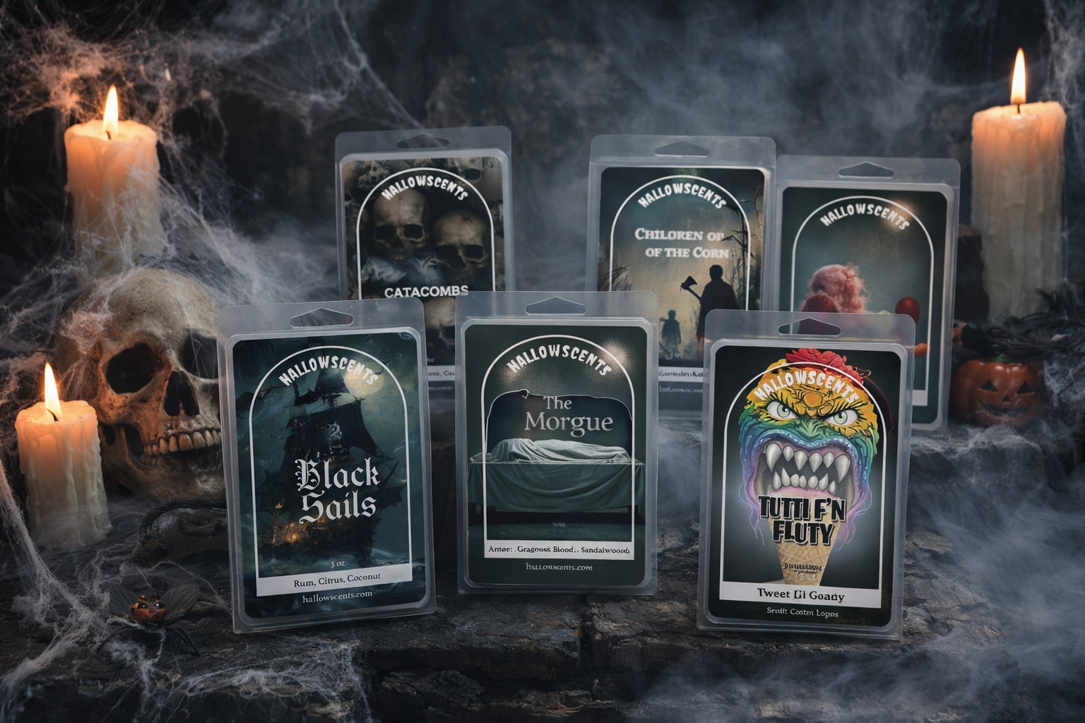 Set of Halloween-themed wax bars and a skull on a dark background.Horror Wax Bars. Horror Bath Products. Spooky Wax Bars. Spooky Bath Products. 