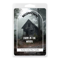 Hallowscents cabin in the woods product packaging with a cabin in the woods illustration. Horror Wax Bars. Spooky Wax Bars. Horror Bath and Body. Spooky Bath and Body. 