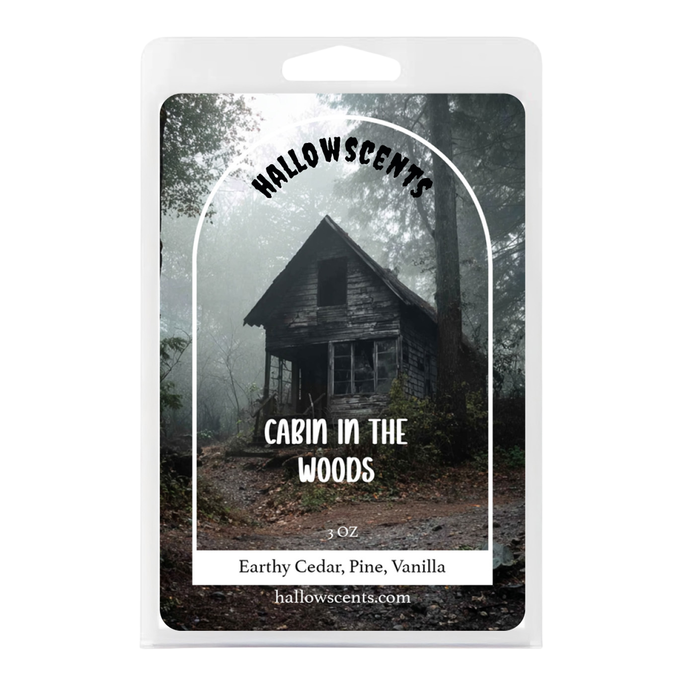Hallowscents cabin in the woods product packaging with a cabin in the woods illustration. Horror Wax Bars. Spooky Wax Bars. Horror Bath and Body. Spooky Bath and Body. 