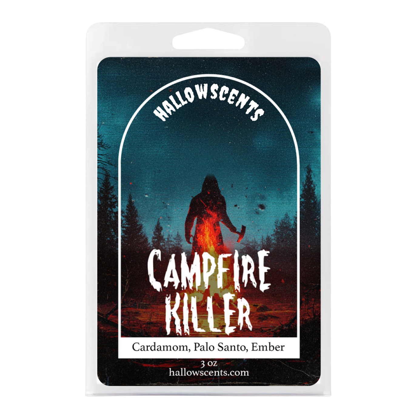 Hallowscents Campfire Killer product packaging with a silhouette of a person by a campfire in a forest.
Horror Wax Bars. Horror Candles. Spooky Wax Bars. Horror Candles. Horror Bath and Body. Spooky bath and body. 