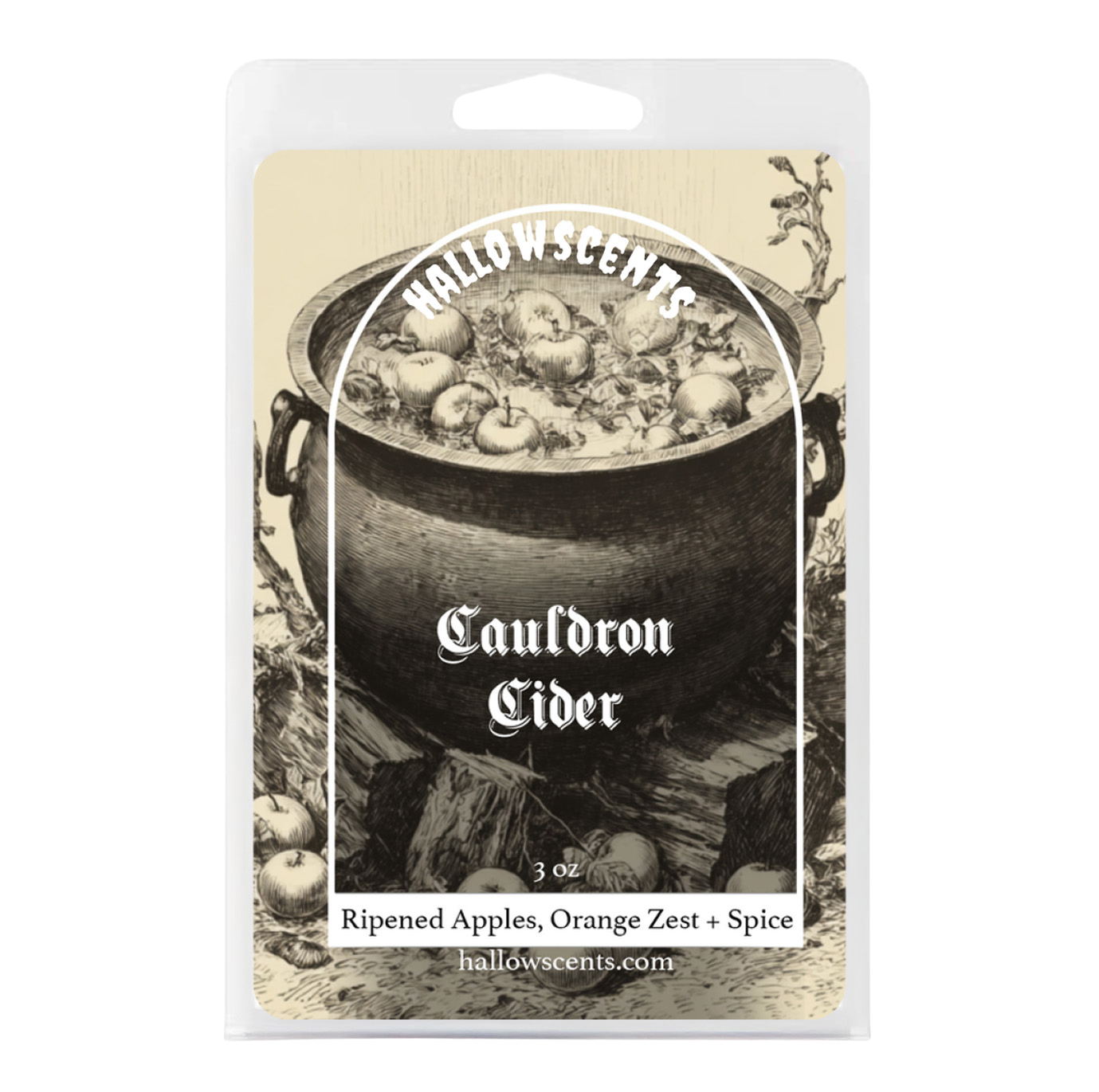 Packaging of Hallowscents Cauldron Cider with a black and white illustration of apples in a cauldron.
Horror Wax Bars. Horror Candles. Spooky Wax Bars. Horror Candles. Horror Bath and Body. Spooky bath and body. 