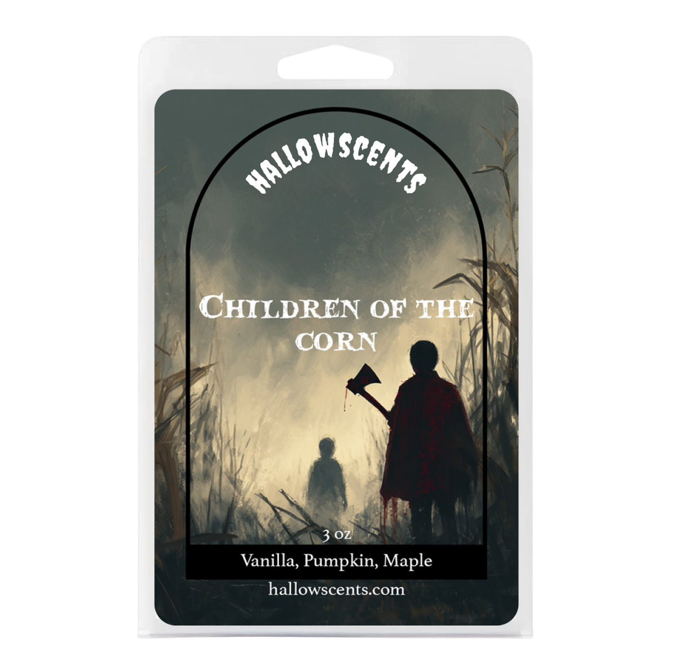 Hallowscents 'Children of the Corn' candle packaging with a silhouette design.
Horror Wax Bars. Horror Candles. Spooky Wax Bars. Horror Candles. Horror Bath and Body. Spooky bath and body. 