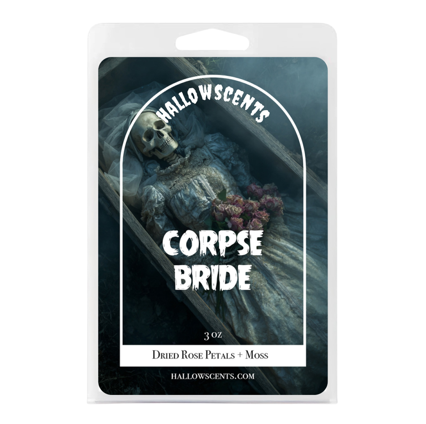 Hallowscents Corpse Bride packaging with a skeleton and flowers on a white background. Horror Wax Bars. Spooky Wax Bars. Horror Bath and Body