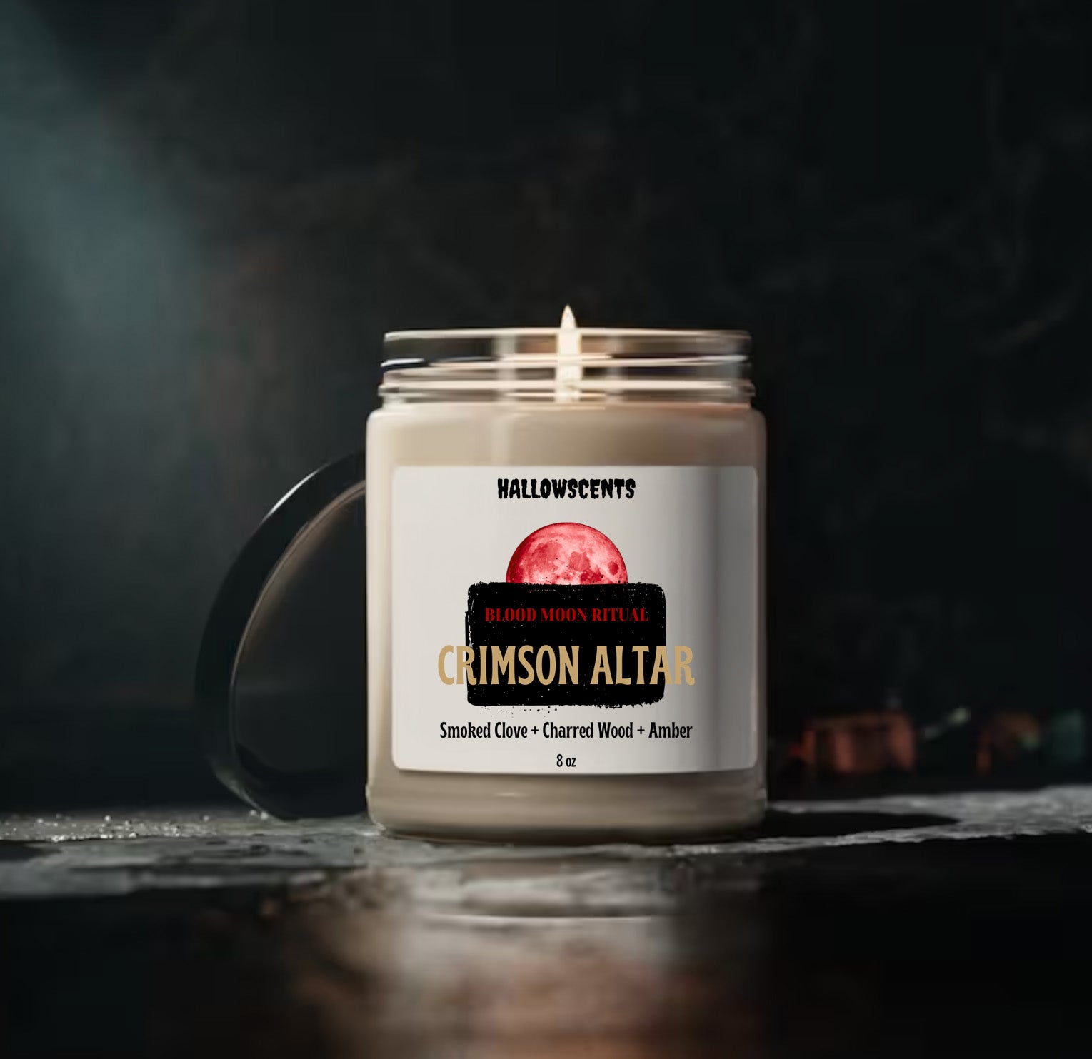 Candle in a jar labeled 'Crimson Altar' with a dark background. Horror Wax Bars. Horror Bath Products. Spooky Wax Bars. Spooky Bath Products. 