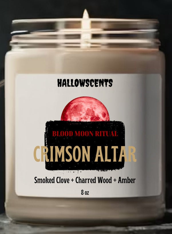 Candle in a jar labeled 'Crimson Altar' with a dark background