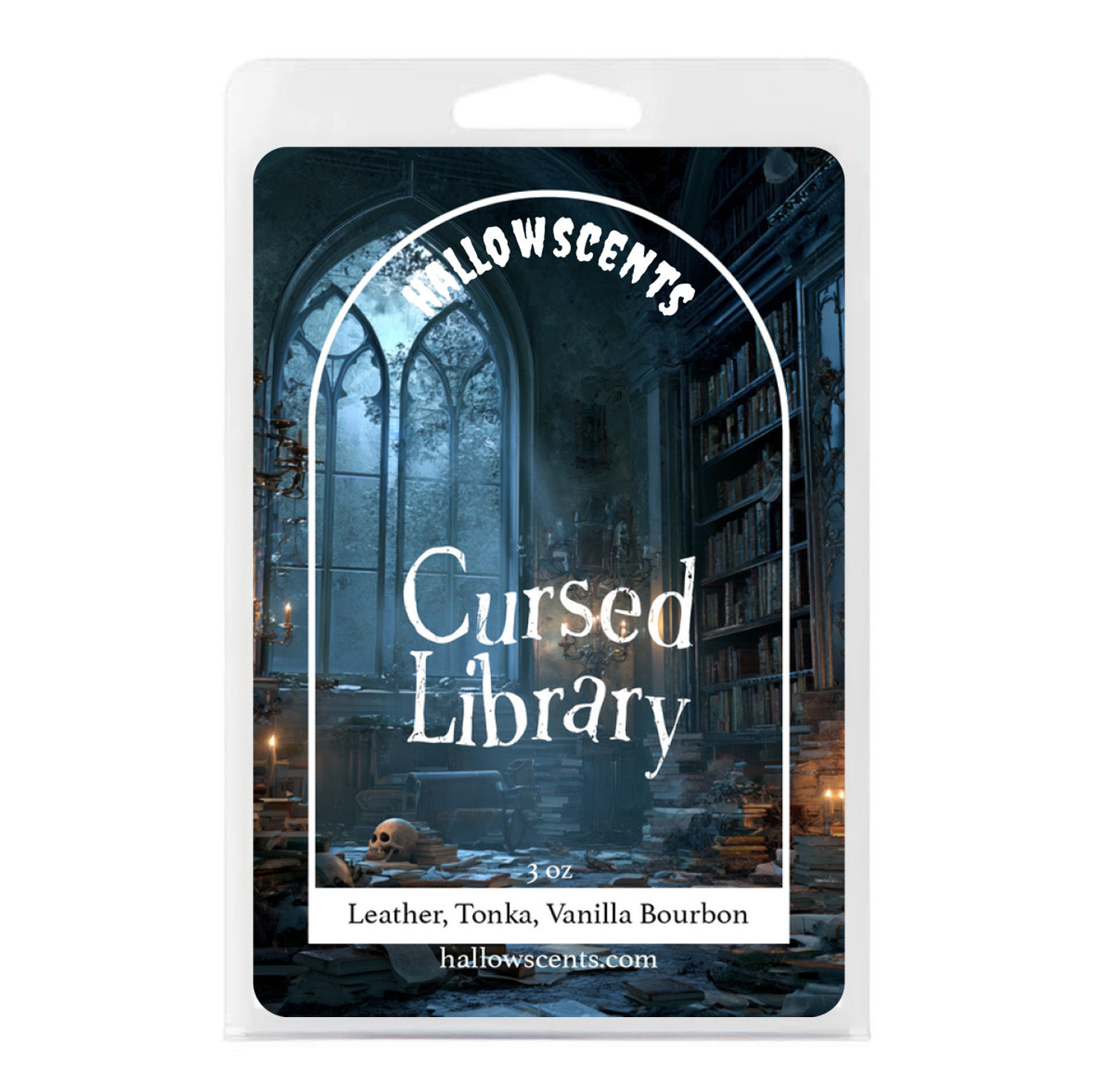 Packaging of 'Cursed Library' by Hollowscents with gothic library design. Horror and Spooky Wax Bars. The Best Wax Bars