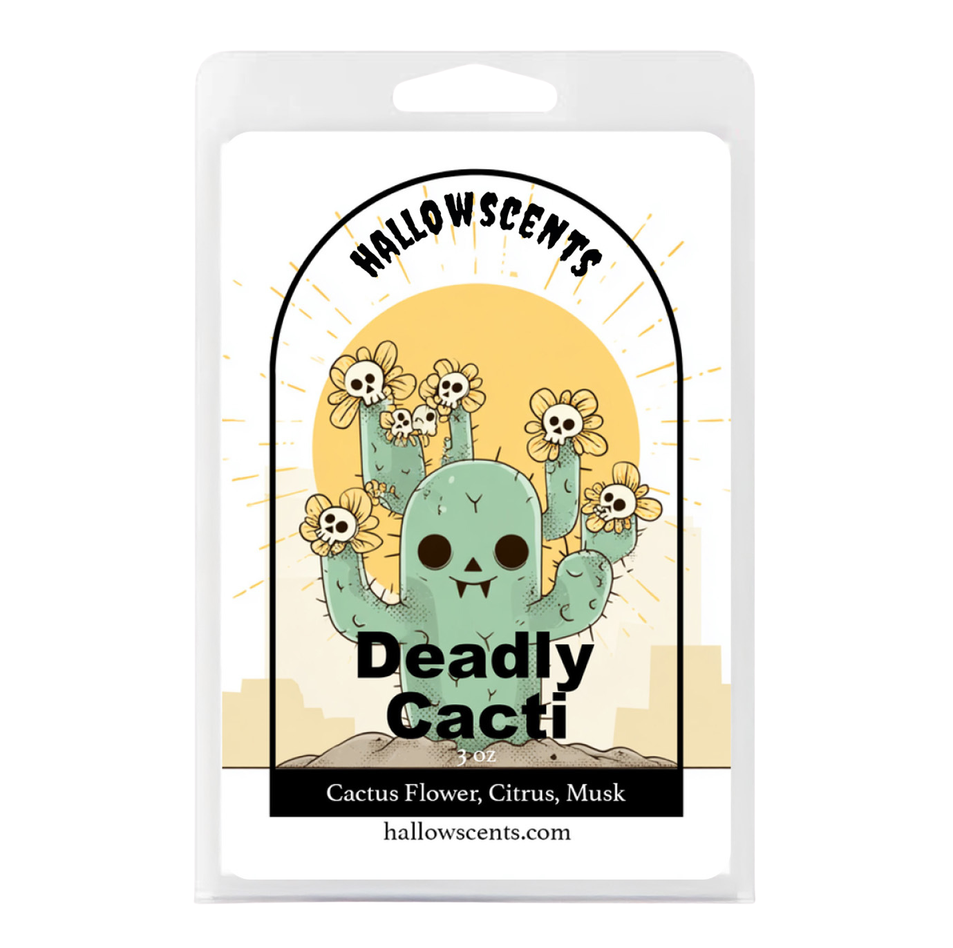 Hallowscents Deadly Cacti packaging with a cartoon cactus design on a white background
Horror Wax Bars. Horror Candles. Spooky Wax Bars. Horror Candles. Horror Bath and Body. Spooky bath and body. 