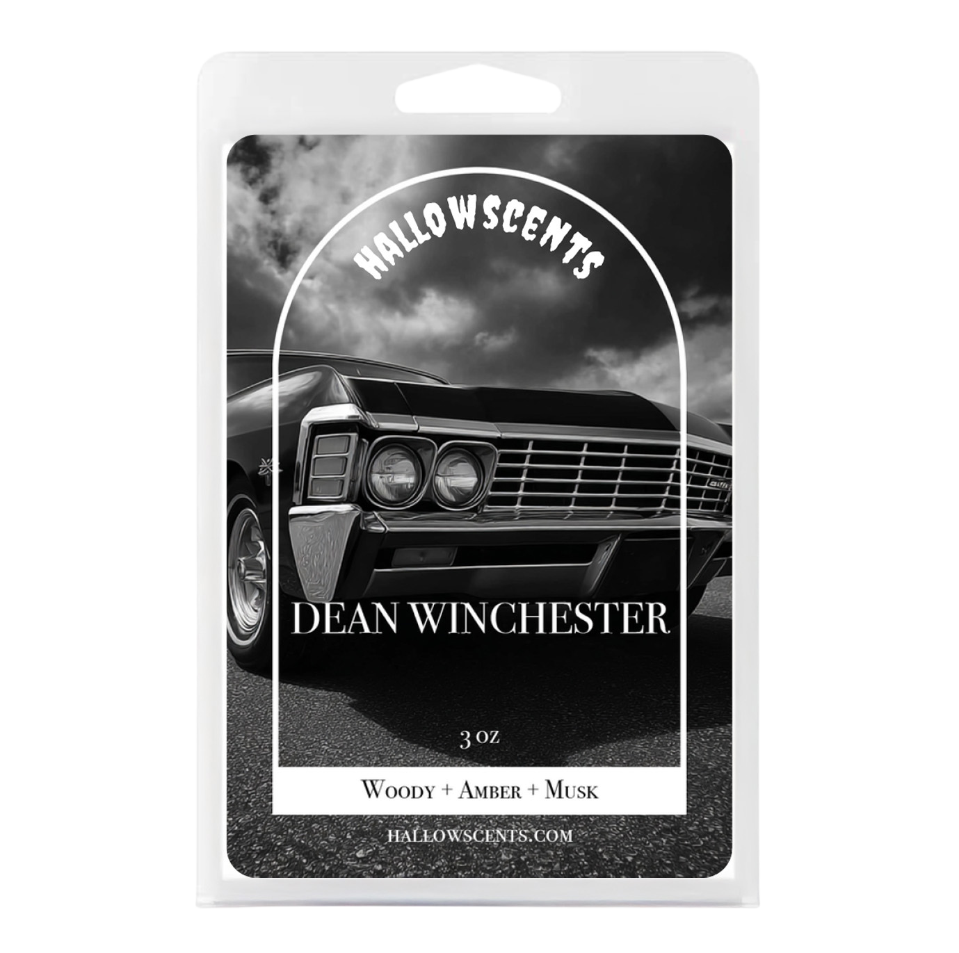 Packaging of Hallowscents Dean Winchester candle with a black and white car image.
Horror Wax Bars. Horror Candles. Spooky Wax Bars. Horror Candles. Horror Bath and Body. Spooky bath and body. 