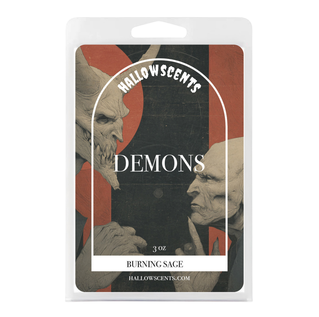 Packaging of Hallowscents 'Demons' with illustrations and text. Horror Wax Bars. Spooky Wax Bars. Horror Bath and Body. Spooky Bath and Body. 