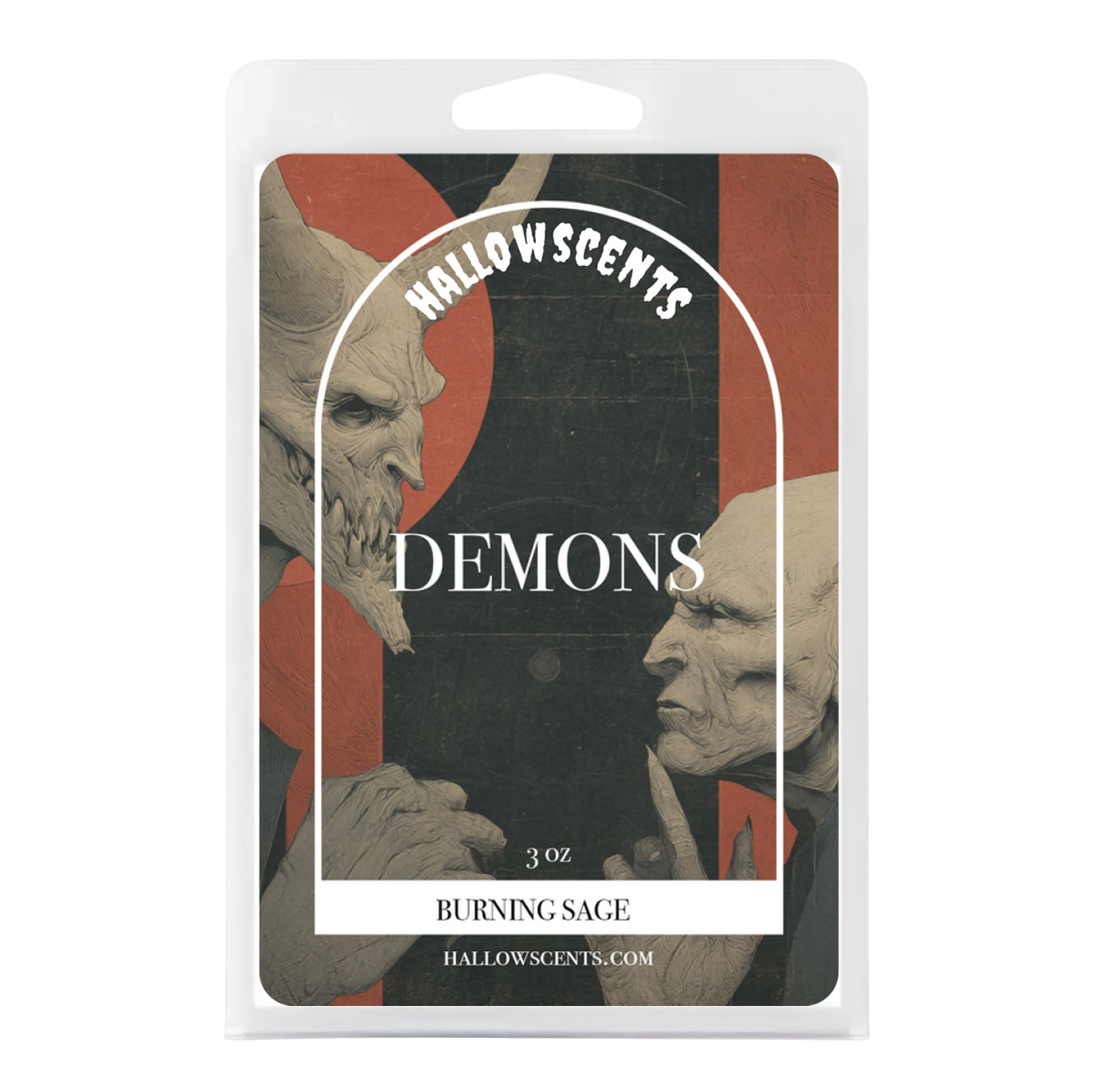 Packaging of Hallowscents 'Demons' with illustrations and text. Horror Wax Bars. Spooky Wax Bars. Horror Bath and Body. Spooky Bath and Body. 