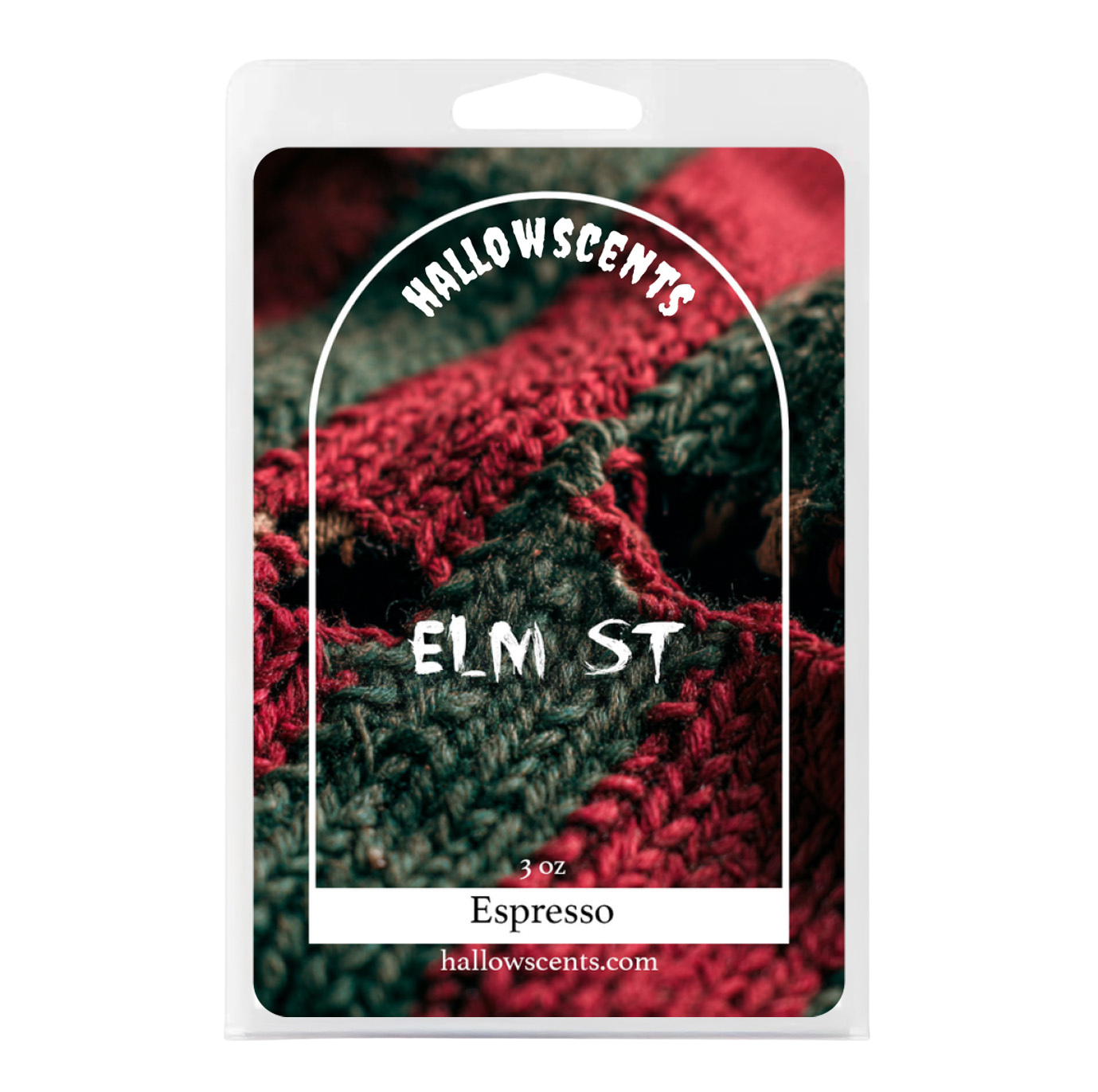 Packaged product with 'Hallowscents' branding and 'Elm St Espresso' text on a white background. Horror Wax Bars. Spooky Wax Bars. Horror Bath and Body. Spooky Bath and Body. 