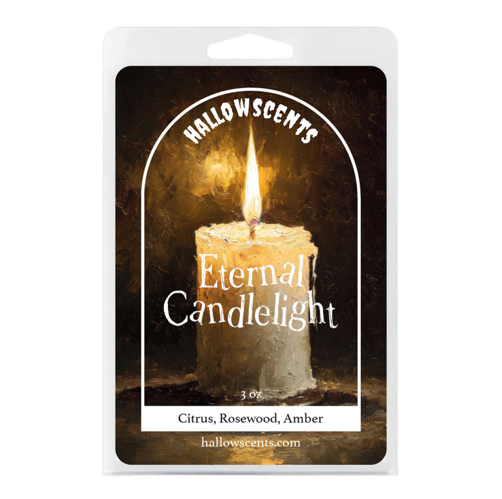 Hallowscents Eternal Candlelight wax bar packaging with a lit candle illustration. Horror and Spooky Wax Bars. The Best Wax Bars