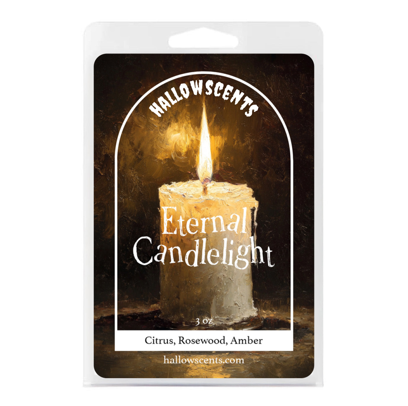 Hallowscents Eternal Candlelight wax bar packaging with a lit candle illustration. Horror and Spooky Wax Bars. The Best Wax Bars