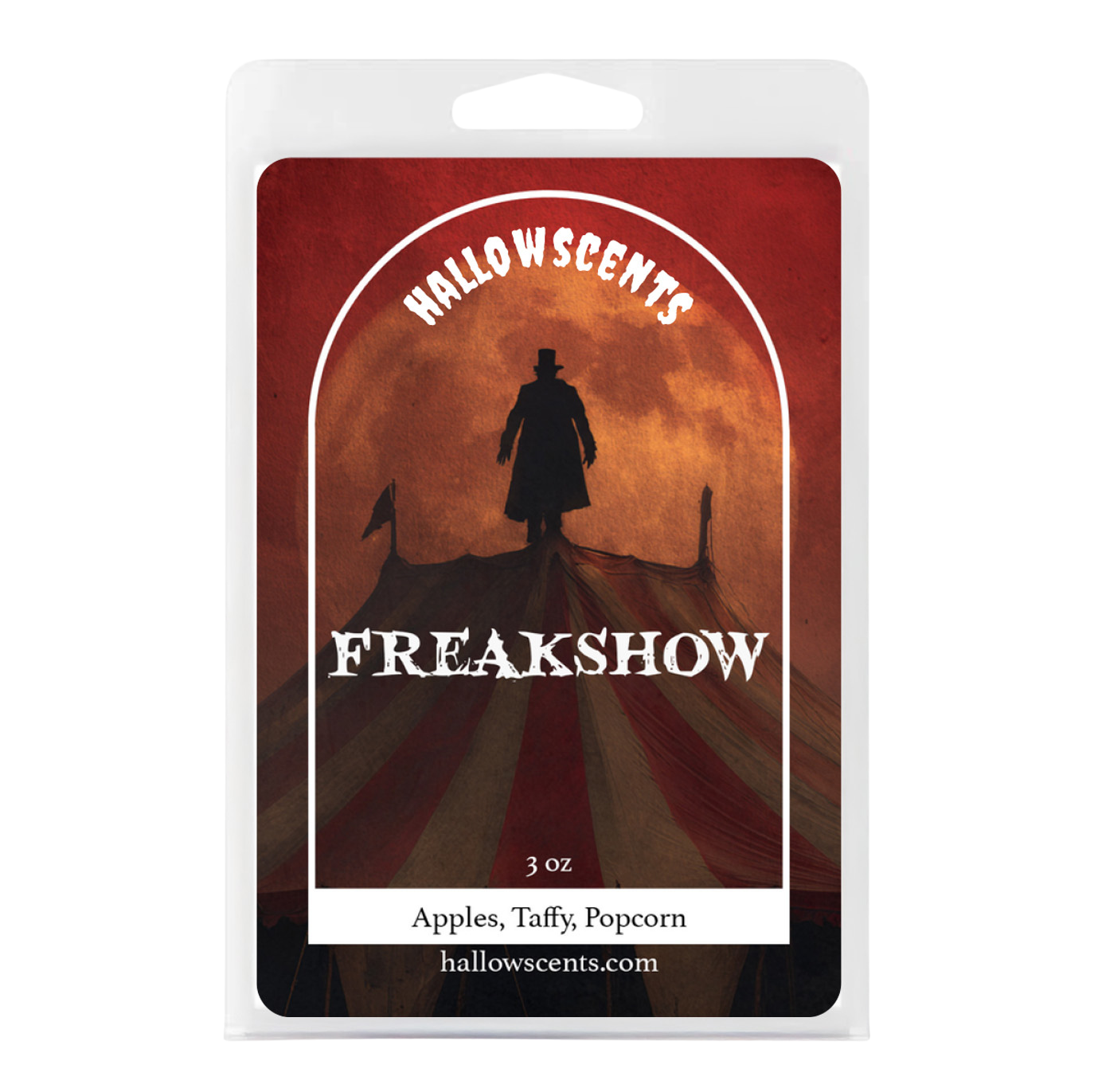 Hallowscents Freakshow packaging with a silhouette of a person and text on a red background
Horror Wax Bars. Horror Candles. Spooky Wax Bars. Horror Candles. Horror Bath and Body. Spooky bath and body. 