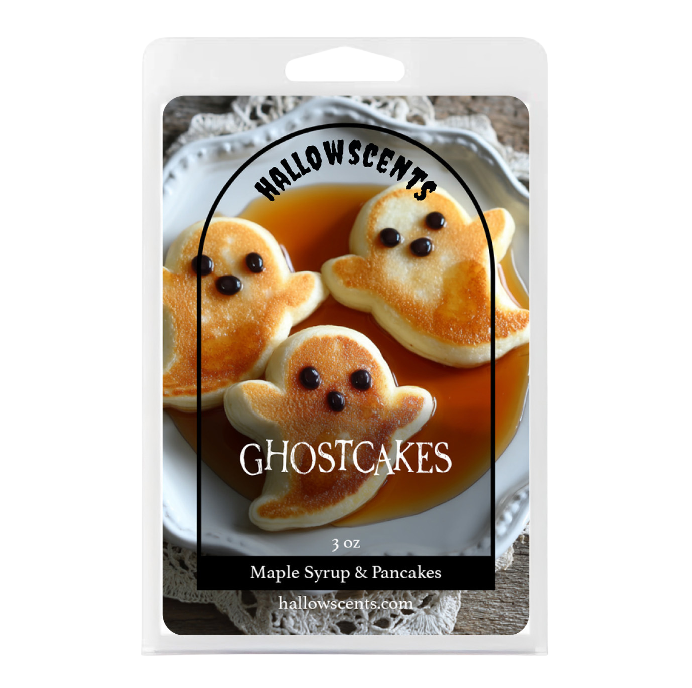 Packaging of 'Ghostcakes' with maple syrup and pancakes design, featuring the brand 'Hallowscents'.
Horror Wax Bars. Horror Candles. Spooky Wax Bars. Horror Candles. Horror Bath and Body. Spooky bath and body. 