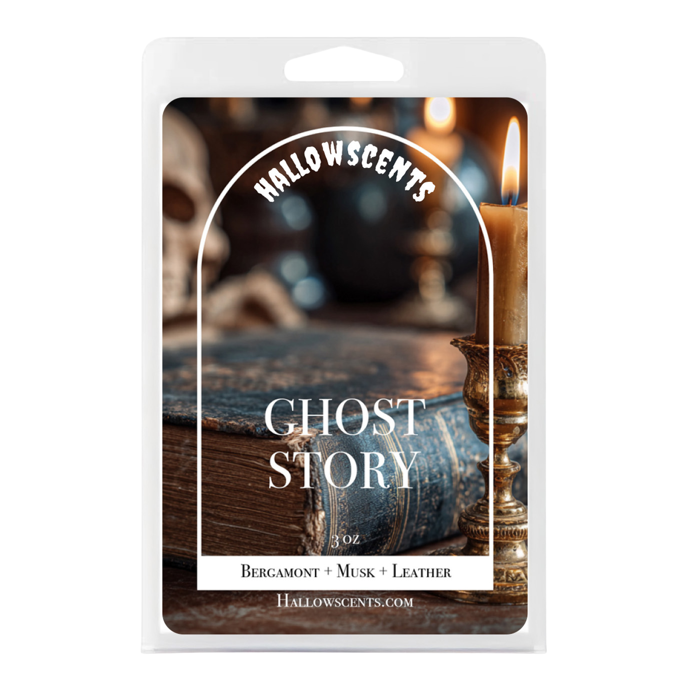 Hallowscents 'Ghost Story' wax melt package with a book and candle design.
Horror Wax Bars. Horror Candles. Spooky Wax Bars. Horror Candles. Horror Bath and Body. Spooky bath and body. 