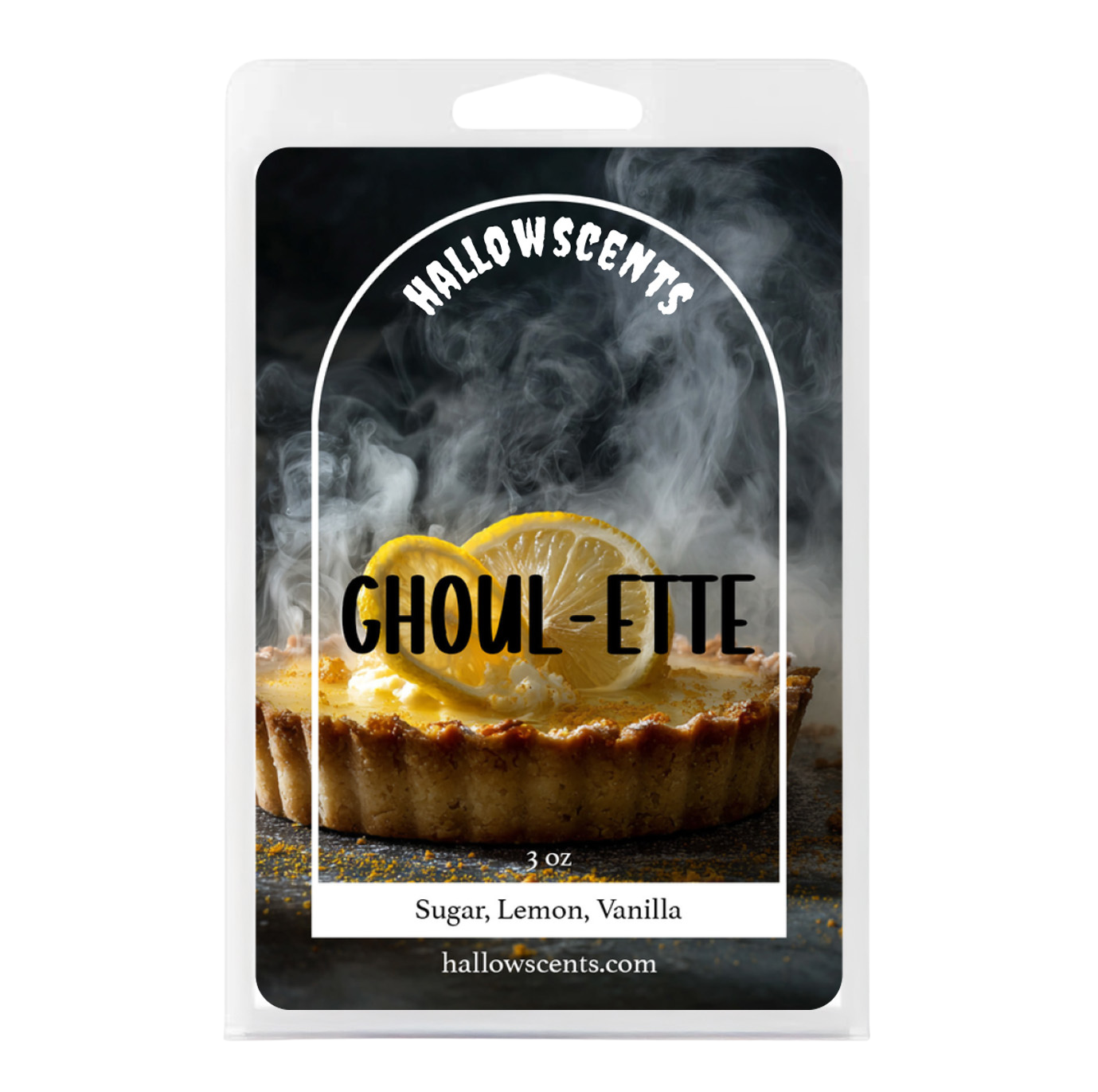 Packaging of HalloWscents Ghoul-ette with a tart and lemon slices on a dark background.
Horror Wax Bars. Horror Candles. Spooky Wax Bars. Horror Candles. Horror Bath and Body. Spooky bath and body. 