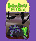 Halloween-themed gift card with black box, purple ribbon, and green slime on a purple background with bats. Horror wax bars. Spooky wax bars. Horror bath and body products. 