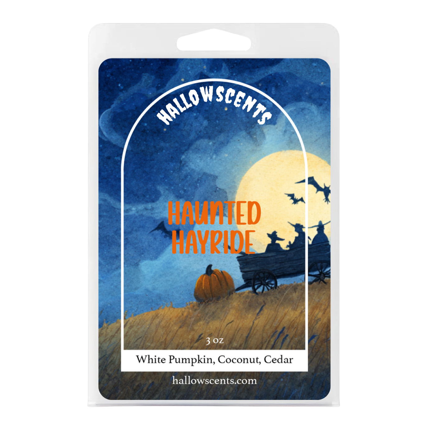 Hallowscents 'Haunted Hayride' wax melt package with Halloween-themed design.
Horror Wax Bars. Horror Candles. Spooky Wax Bars. Horror Candles. Horror Bath and Body. Spooky bath and body. 