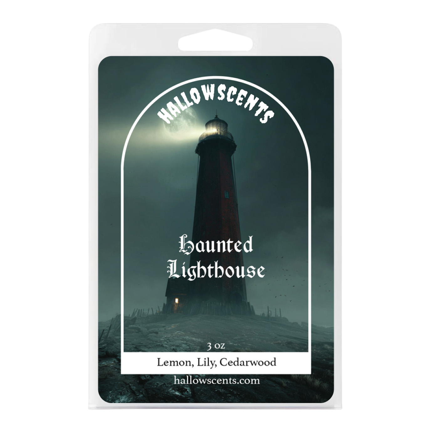 Hallowscents Haunted Lighthouse product packaging with a lighthouse on a dark background.
Horror Wax Bars. Horror Candles. Spooky Wax Bars. Horror Candles. Horror Bath and Body. Spooky bath and body. 