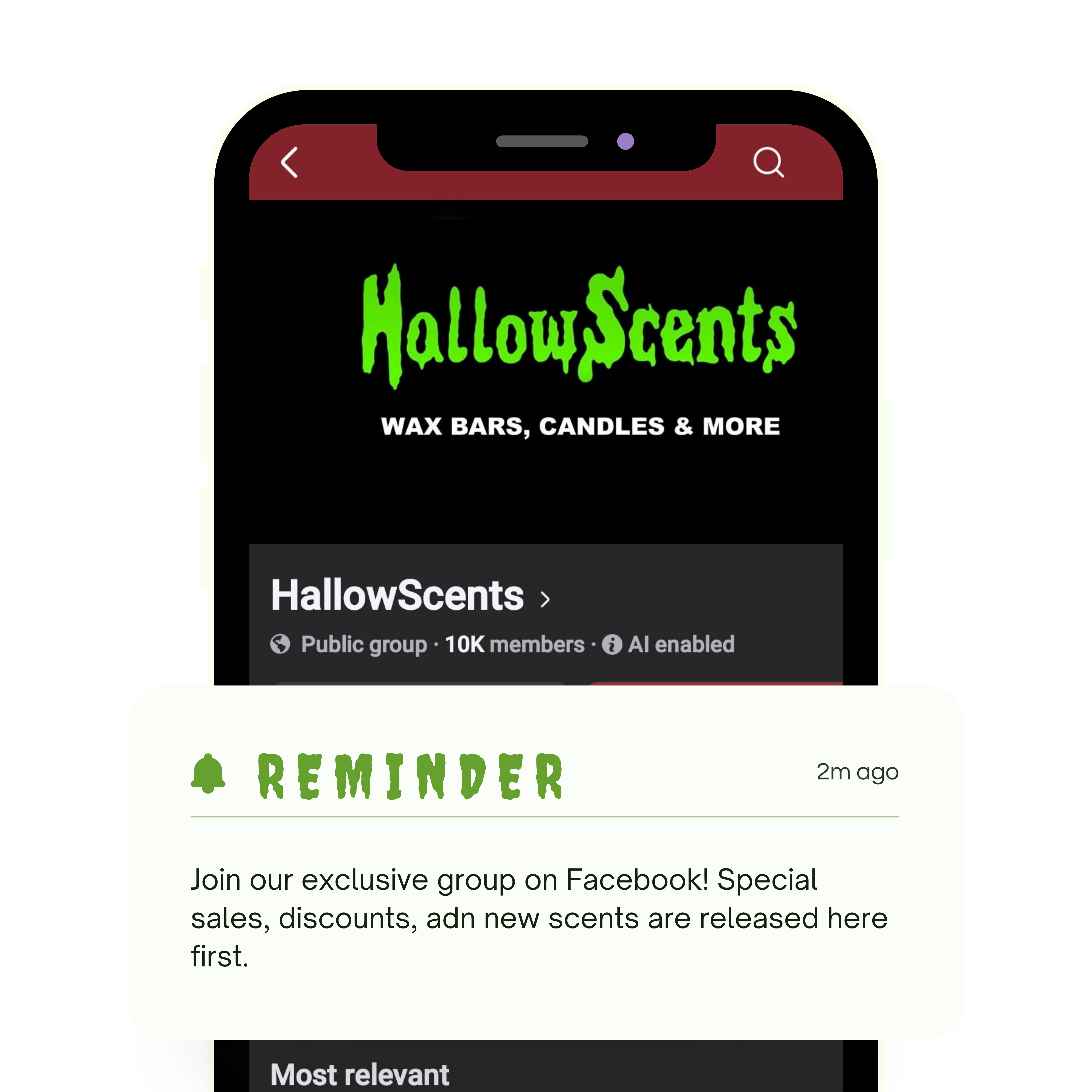 Phone screen displaying the HallowScents Facebook group page with a reminder to join on a white background.