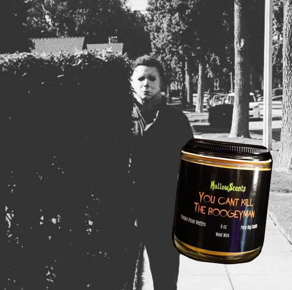 Jar of 'You Can't Kill the Boogeyman' candle with a black and white silhouette of a person in the background.
Horror Wax Bars. Horror Candles. Spooky Wax Bars. Horror Candles. Horror Bath and Body. Spooky bath and body. 