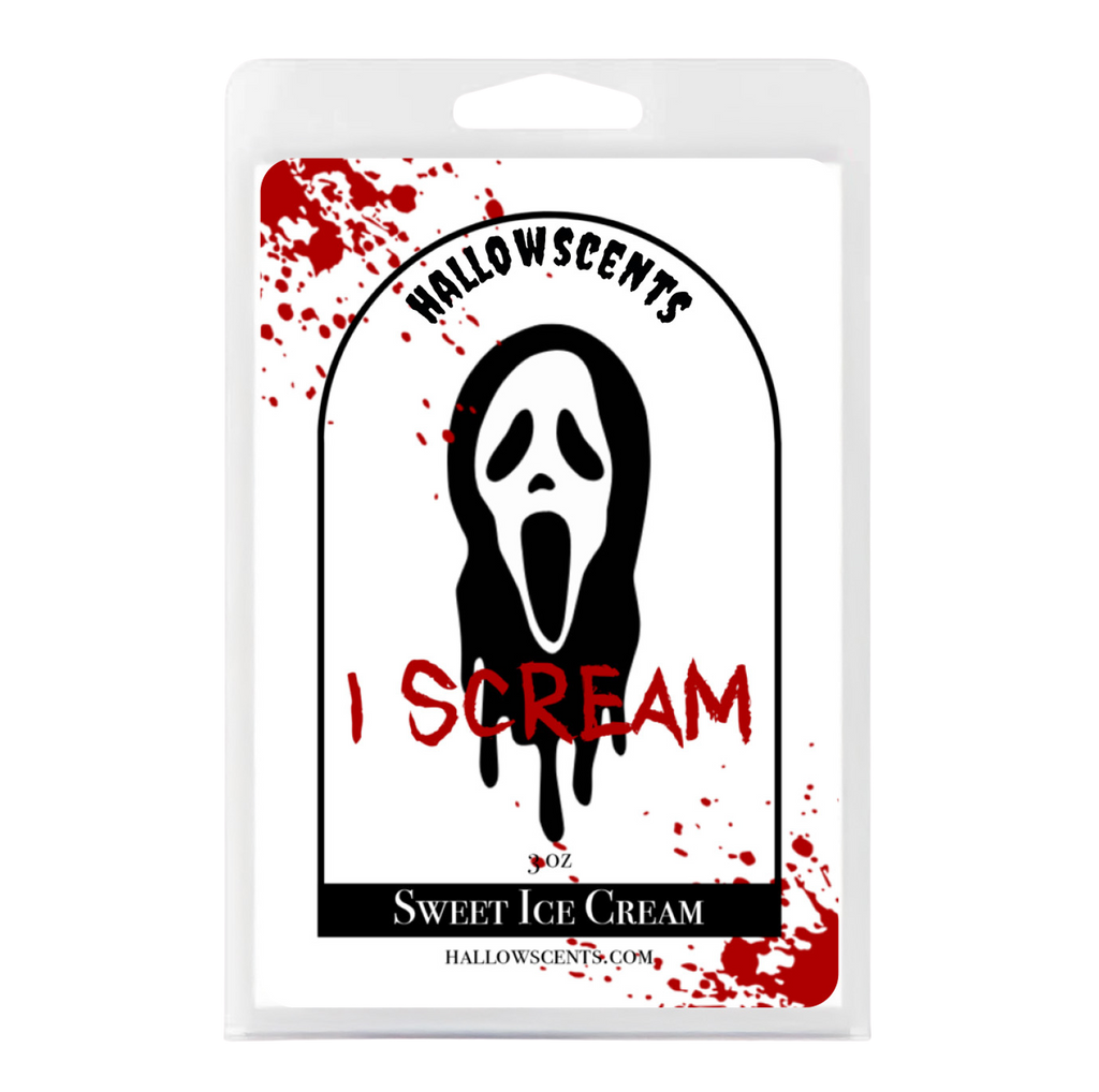 Hallowscents 'I Scream' sweet ice cream packaging with a ghost face design.
Horror Wax Bars. Horror Candles. Spooky Wax Bars. Horror Candles. Horror Bath and Body. Spooky bath and body. 