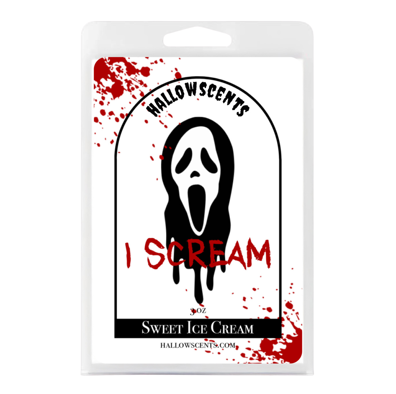 Hallowscents 'I Scream' sweet ice cream packaging with a ghost face design.
Horror Wax Bars. Horror Candles. Spooky Wax Bars. Horror Candles. Horror Bath and Body. Spooky bath and body. 