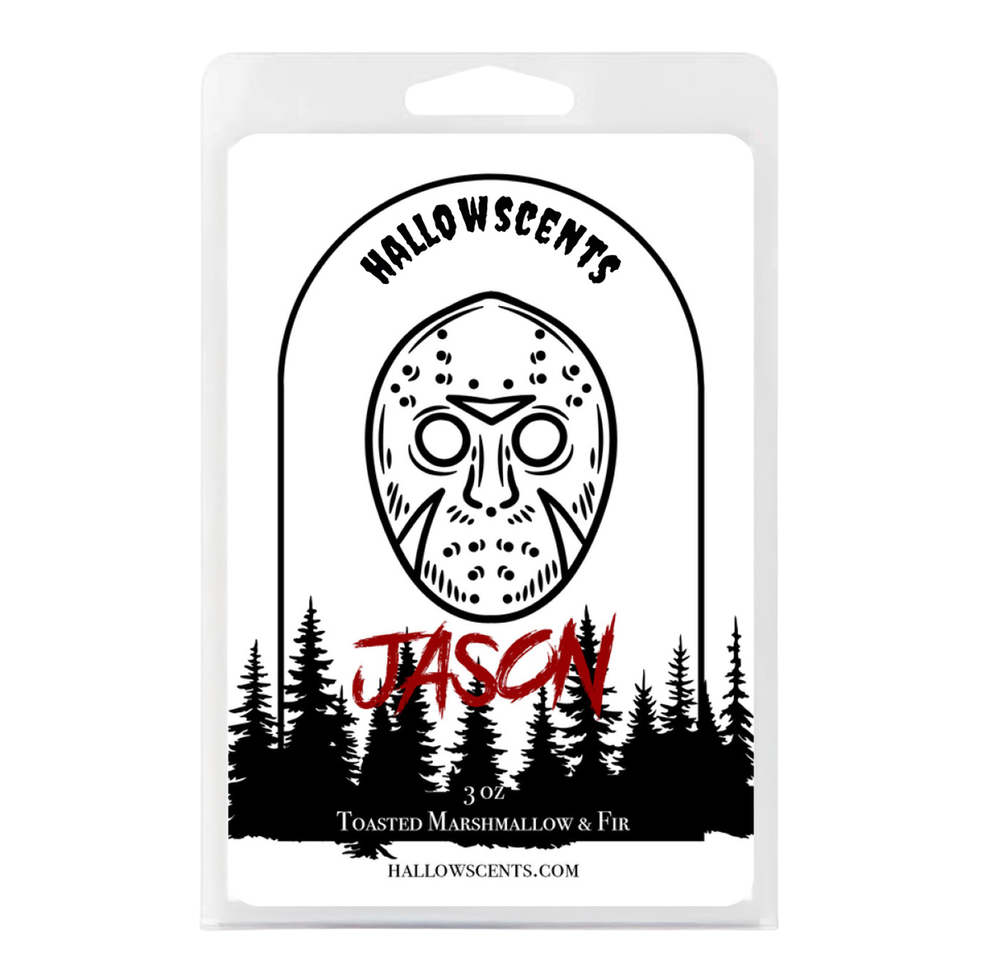 Hallowscents Jason candle packaging with a mask design and forest silhouette.
Horror Wax Bars. Horror Candles. Spooky Wax Bars. Horror Candles. Horror Bath and Body. Spooky bath and body. 