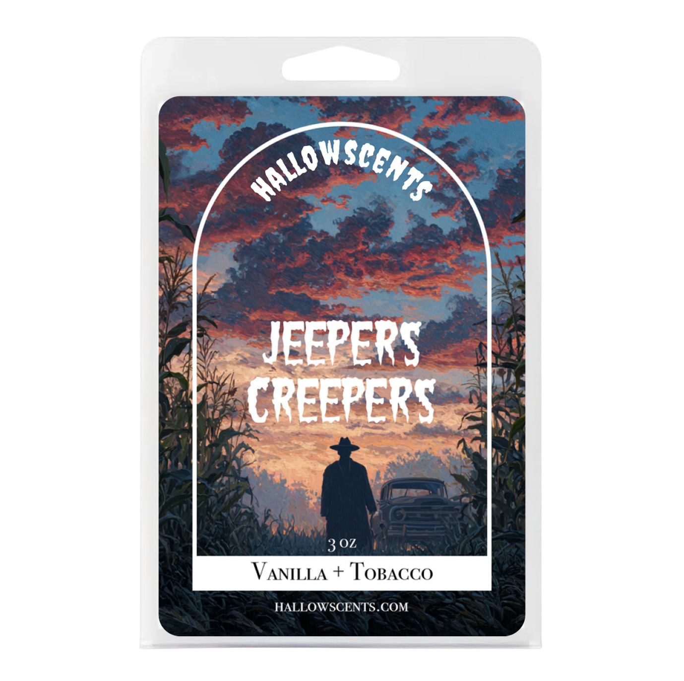 Hallowscents Jeepers Creepers wax melt package with sunset design and silhouette of a person and car.
Horror Wax Bars. Horror Candles. Spooky Wax Bars. Horror Candles. Horror Bath and Body. Spooky bath and body. 