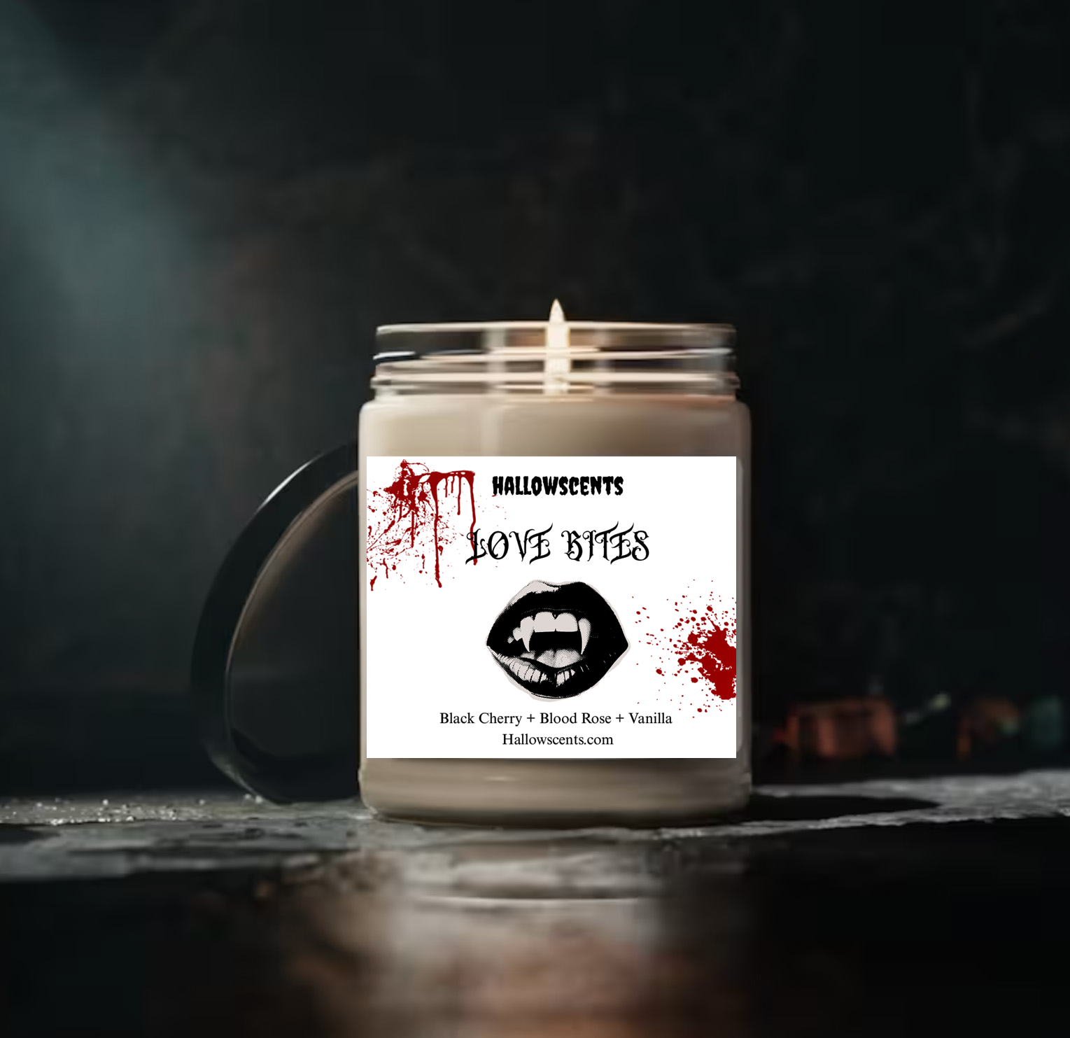 Candle in a jar with a 'Hallowscents' label on a dark background. Horror Themed Candles