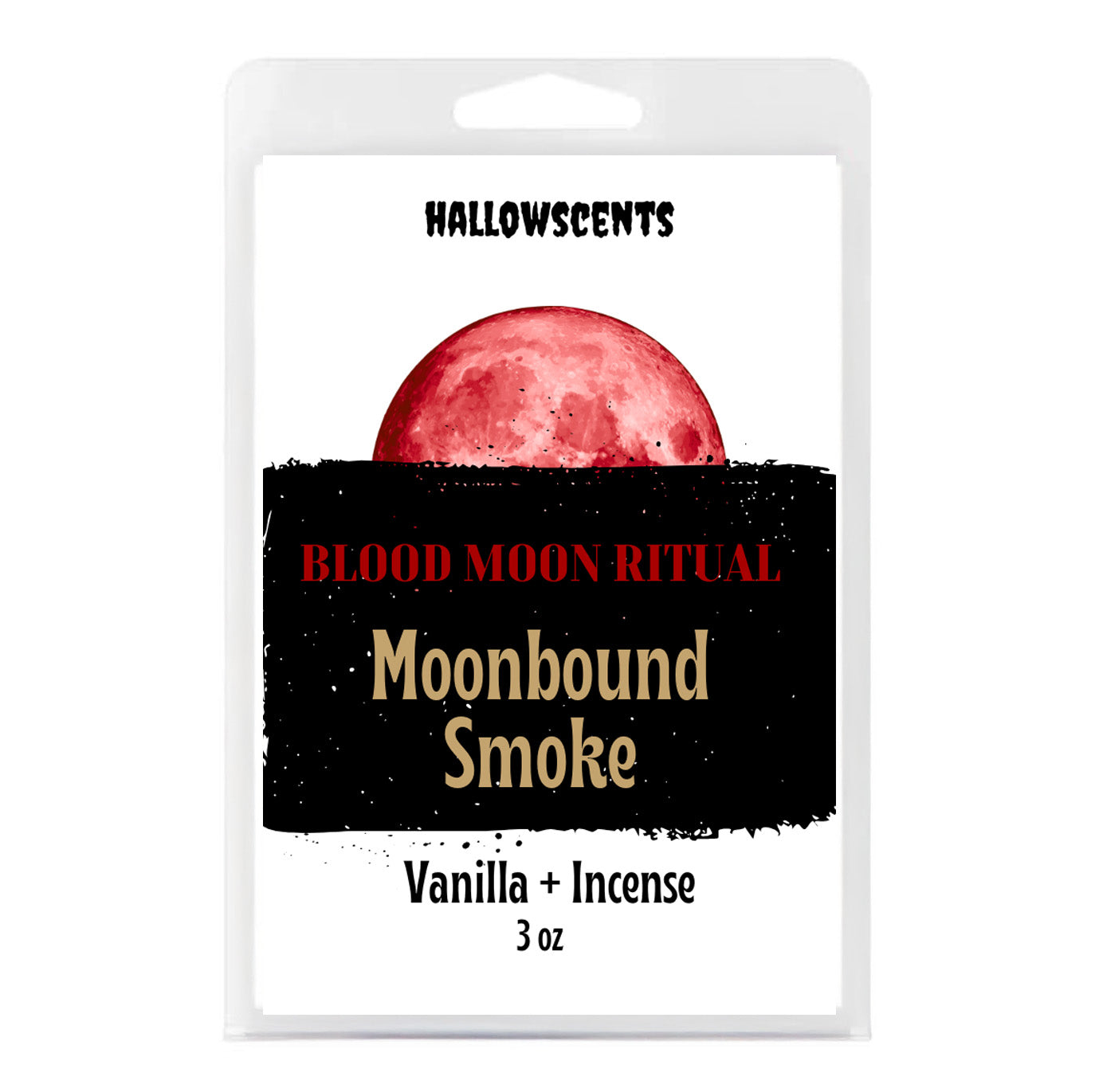 Packaging of 'Blood Moon Ritual' Moonbound Smoke from Hallowscents with a red moon illustration. Horror Wax Bars. Horror Bath Products. Spooky Wax Bars. Spooky Bath Products. 