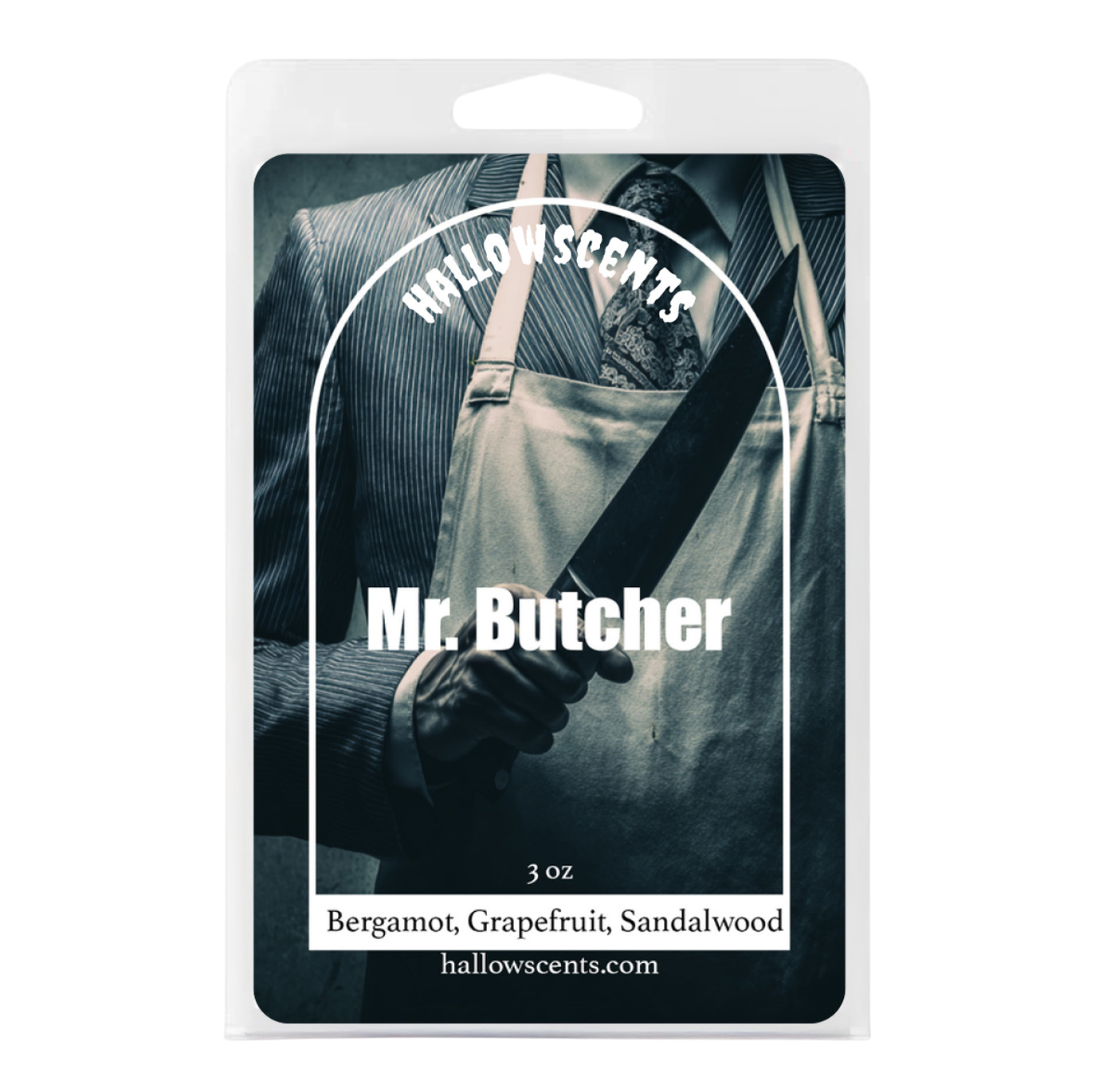 Hallowscents Mr. Butcher wax melt packaging with a person holding a 
knife.
Horror Wax Bars. Horror Candles. Spooky Wax Bars. Horror Candles. Horror Bath and Body. Spooky bath and body. 