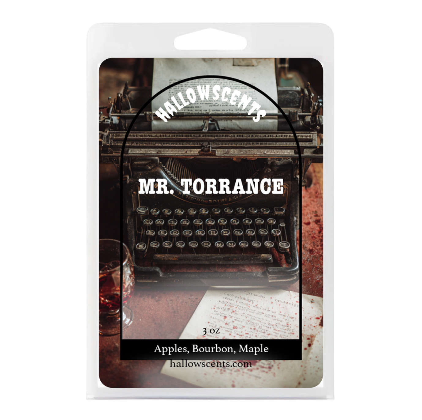Hallowscents Mr. Torrance wax melt packaging with typewriter design
Horror Wax Bars. Horror Candles. Spooky Wax Bars. Horror Candles. Horror Bath and Body. Spooky bath and body. 
