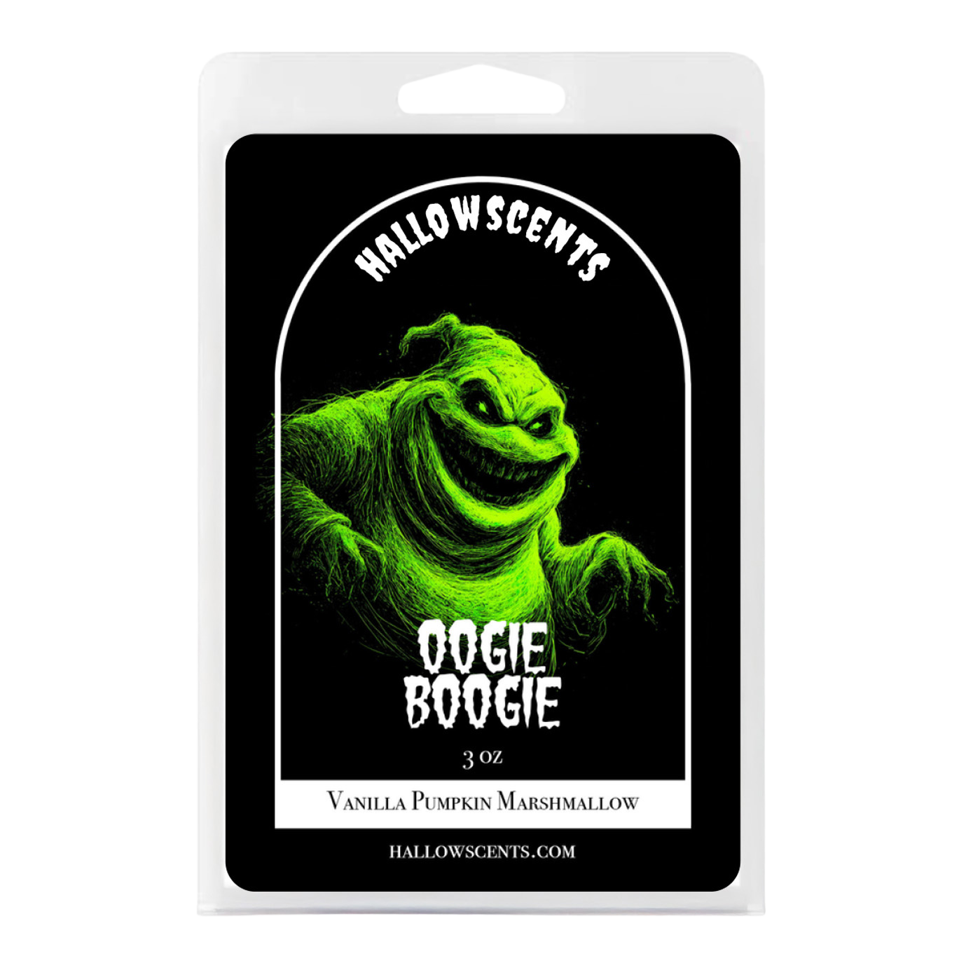 Hallowscents Oogie Boogie vanilla pumpkin marshmallow packaging on a white background. Horror Wax Bars. Spooky Wax Bars. Horror Bath and Body. Spooky Bath and Body. 