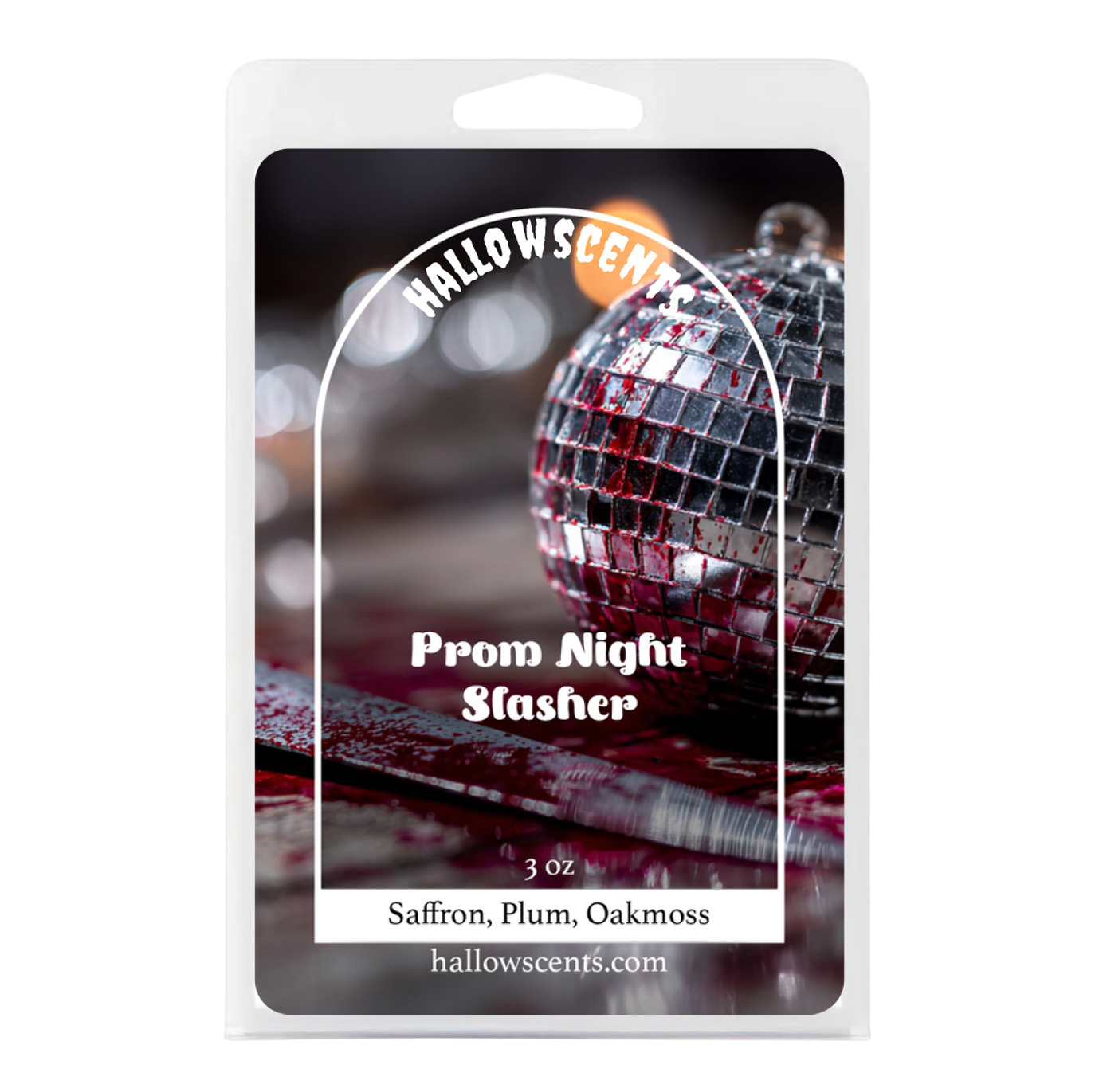 Halloween scented product packaging with disco ball and text 'Prom Night Slasher' on a white background.
Horror Wax Bars. Horror Candles. Spooky Wax Bars. Horror Candles. Horror Bath and Body. Spooky bath and body. 