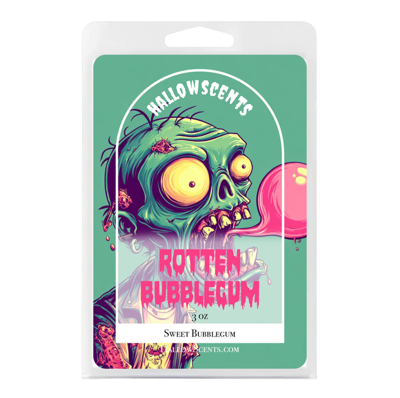 Packaging of HalloWscents Rotten Bubblegum with a zombie design on a green background.

HORROR WAX BAR. SPOOKY WAX BAR. HORROR CANDLES. SPOOKY CANDLES. HORROR BATH AND BODY