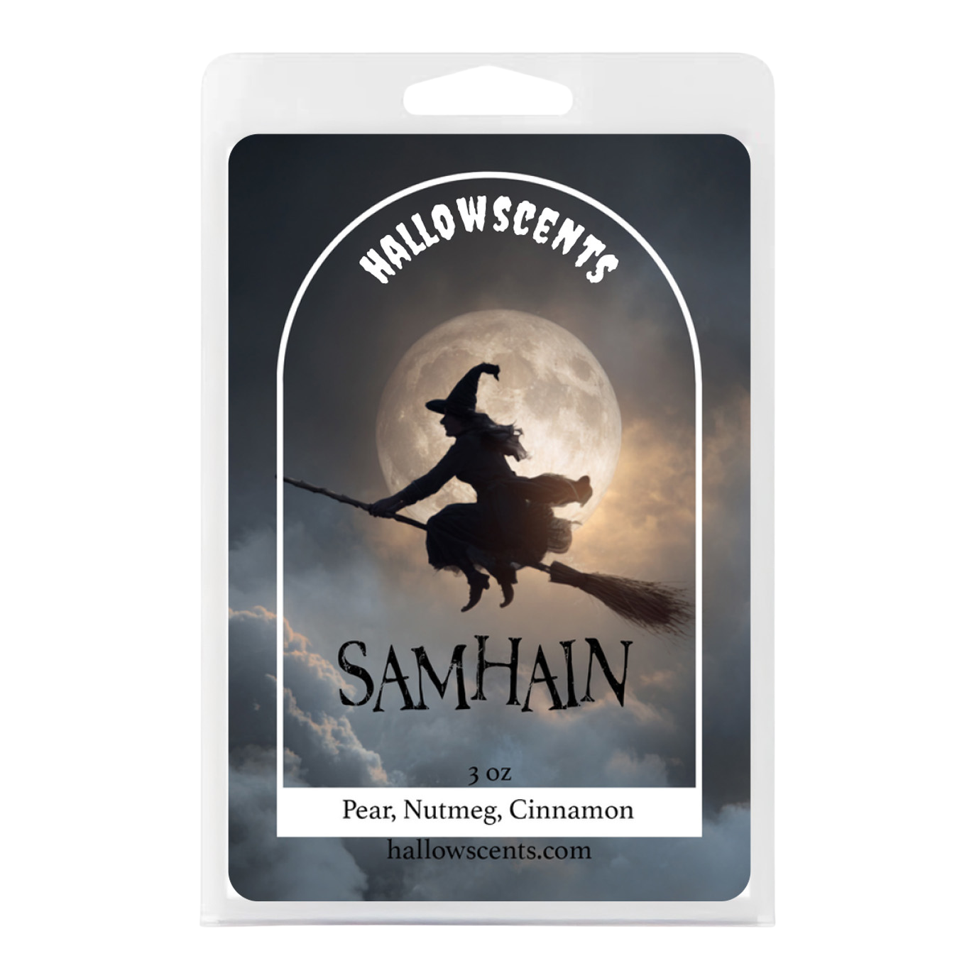 Hallowscents Samhain wax melt package with witch on broom design against a moonlit sky.
Horror Wax Bars. Horror Candles. Spooky Wax Bars. Horror Candles. Horror Bath and Body. Spooky bath and body. 