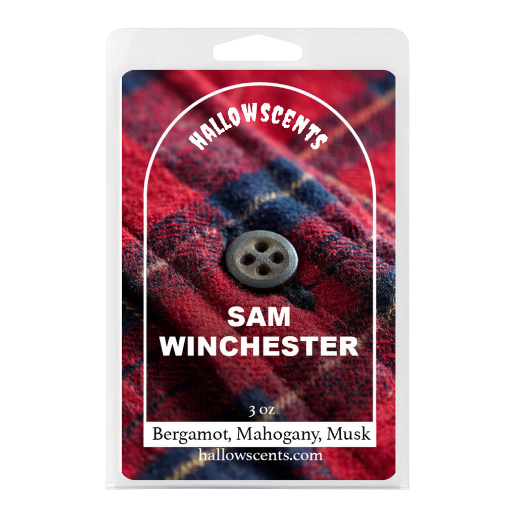 Hallowscents Sam Winchester candle packaging with plaid design and button detail.
Horror Wax Bars. Horror Candles. Spooky Wax Bars. Horror Candles. Horror Bath and Body. Spooky bath and body. 