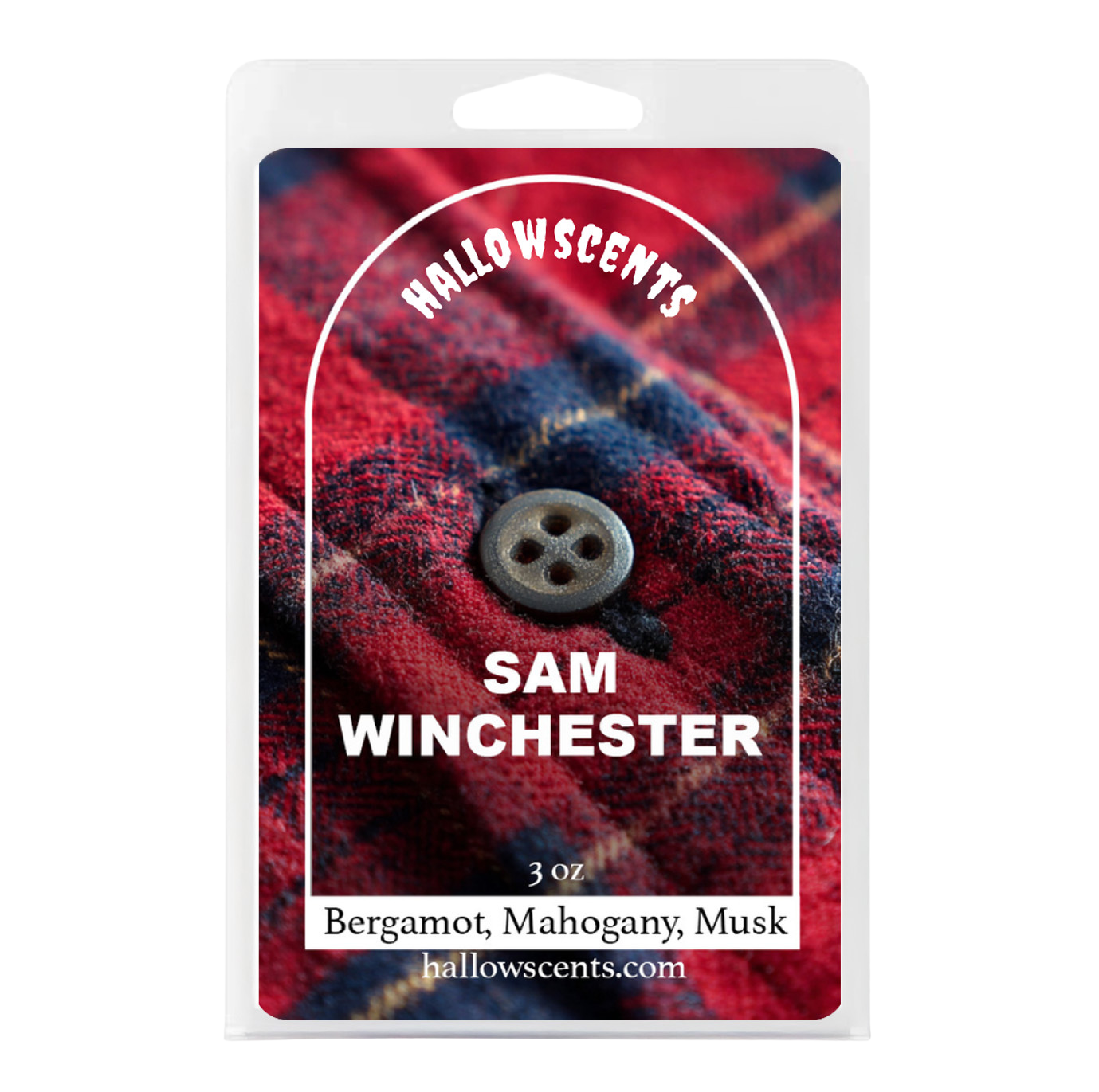 Hallowscents Sam Winchester candle packaging with plaid design and button detail.
Horror Wax Bars. Horror Candles. Spooky Wax Bars. Horror Candles. Horror Bath and Body. Spooky bath and body. 