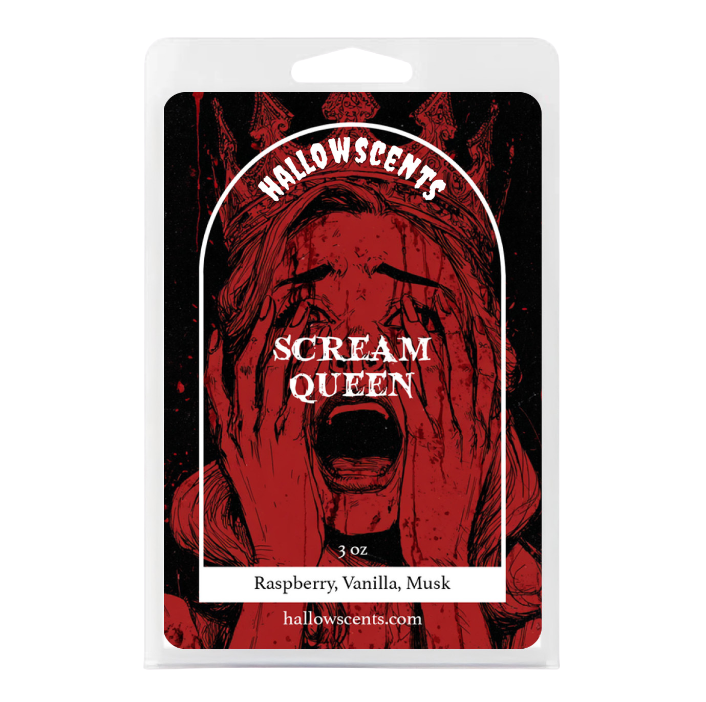 Packaging of Hallowscents Scream Queen product with a woman's face and product details.
Horror Wax Bars. Horror Candles. Spooky Wax Bars. Horror Candles. Horror Bath and Body. Spooky bath and body. 