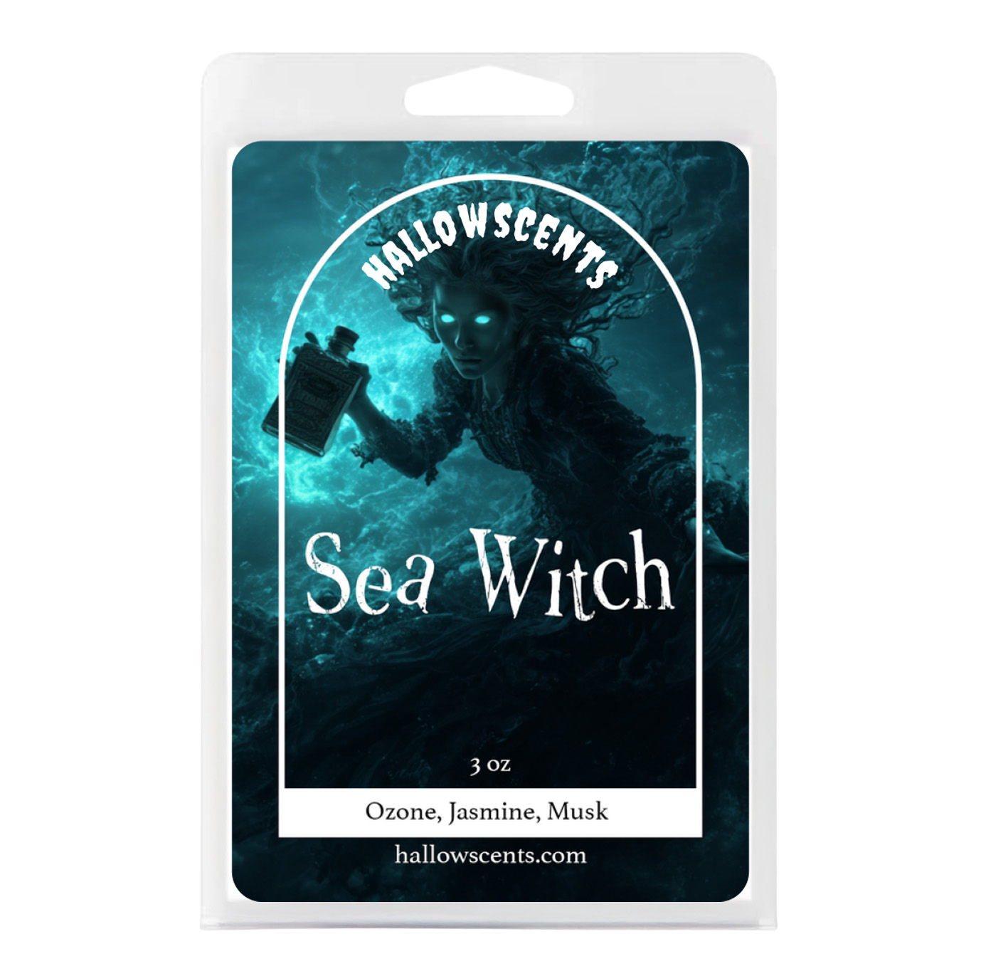 Hallowscents Sea Witch candle packaging with a dark theme and character illustration.
Horror Wax Bars. Horror Candles. Spooky Wax Bars. Horror Candles. Horror Bath and Body. Spooky bath and body. 